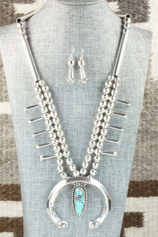 Turquoise & Sterling Silver Squash Blossom Necklace and Earrings - Raymond Begay