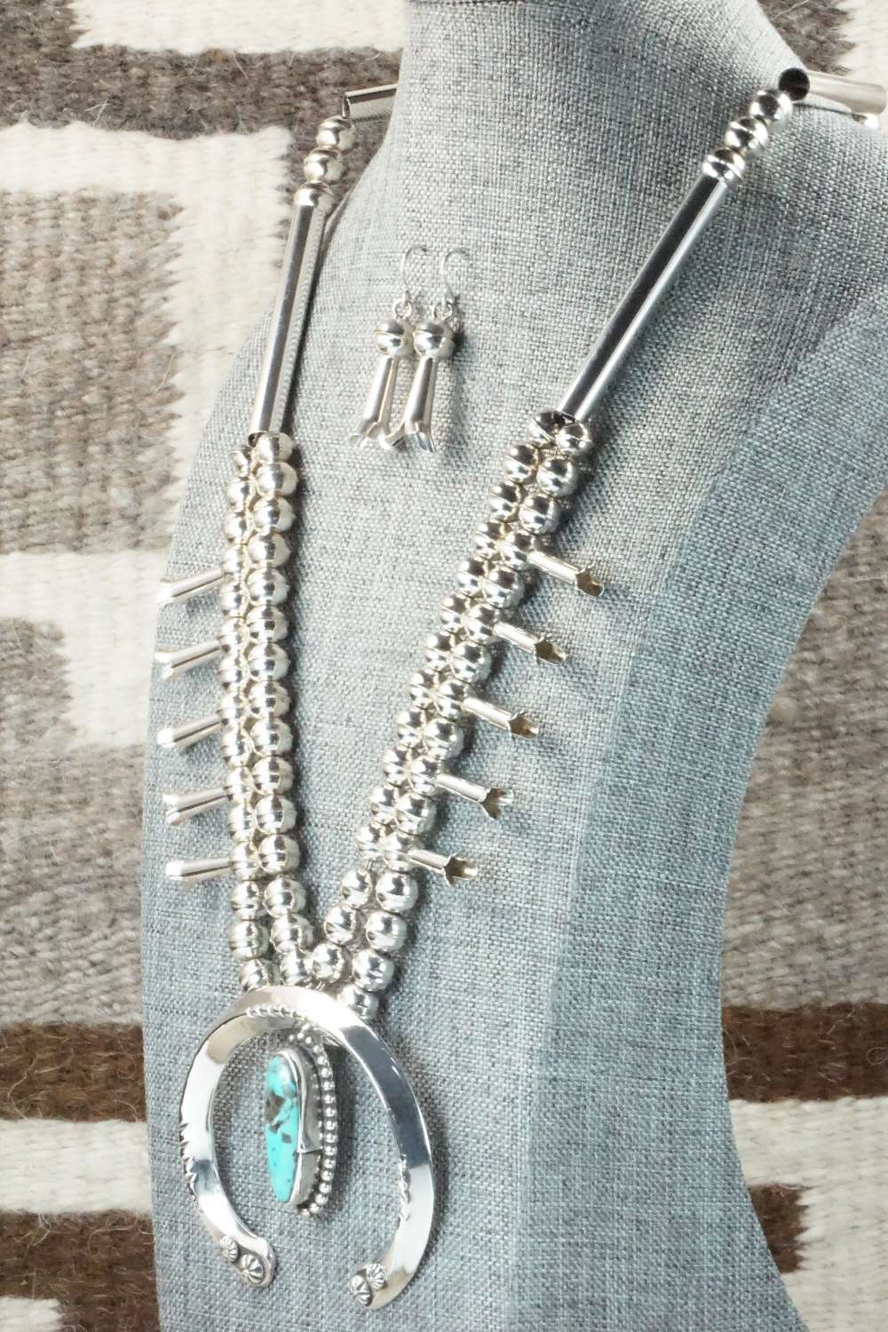 Turquoise & Sterling Silver Squash Blossom Necklace and Earrings - Raymond Begay
