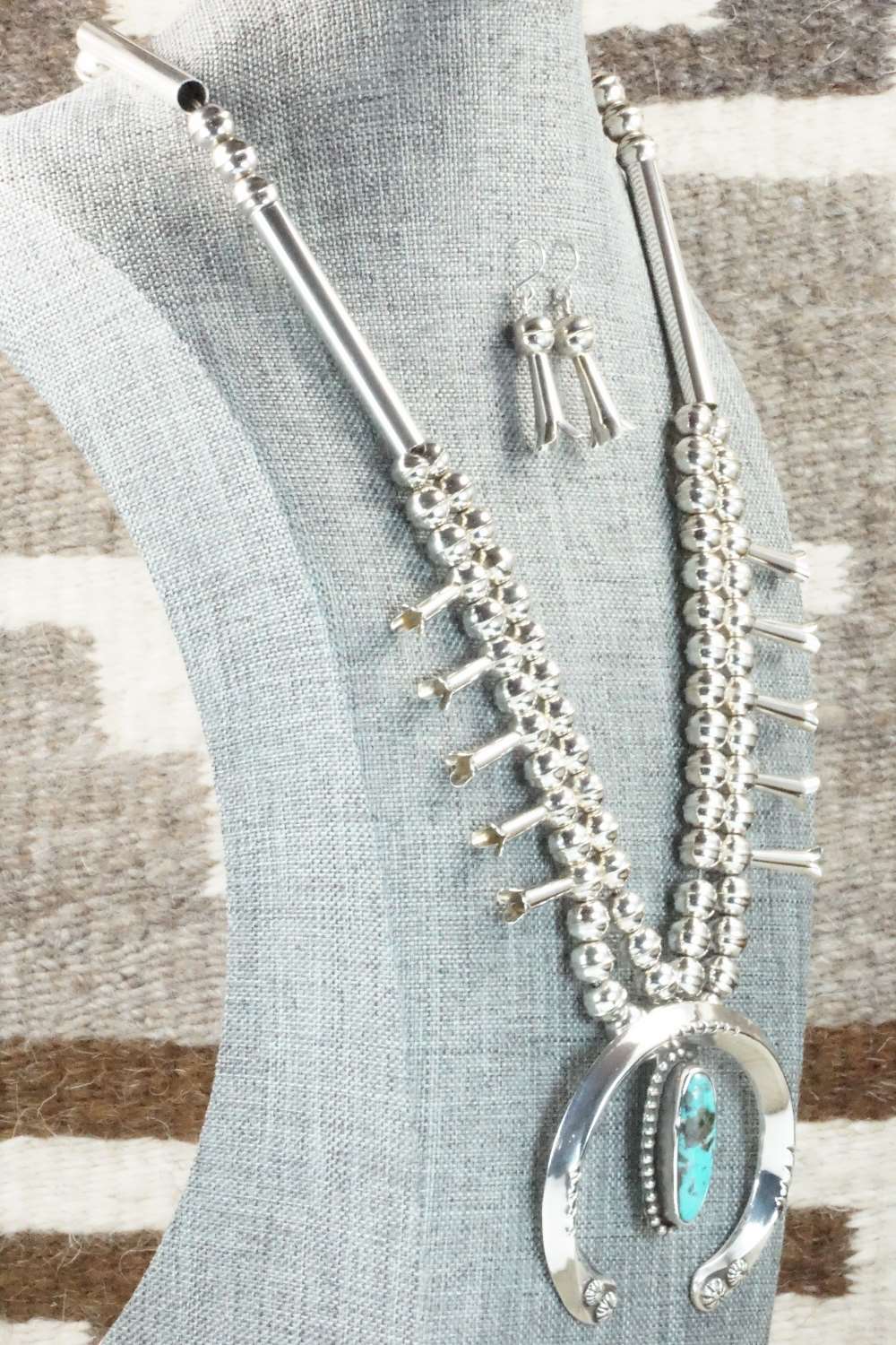 Turquoise & Sterling Silver Squash Blossom Necklace and Earrings - Raymond Begay