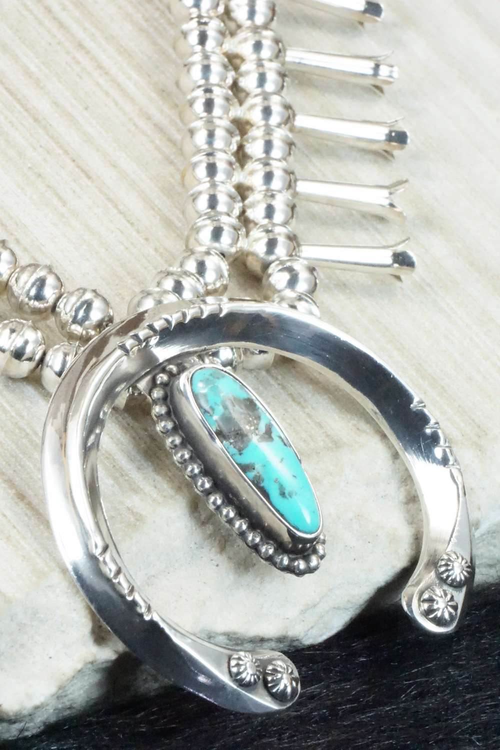 Turquoise & Sterling Silver Squash Blossom Necklace and Earrings - Raymond Begay