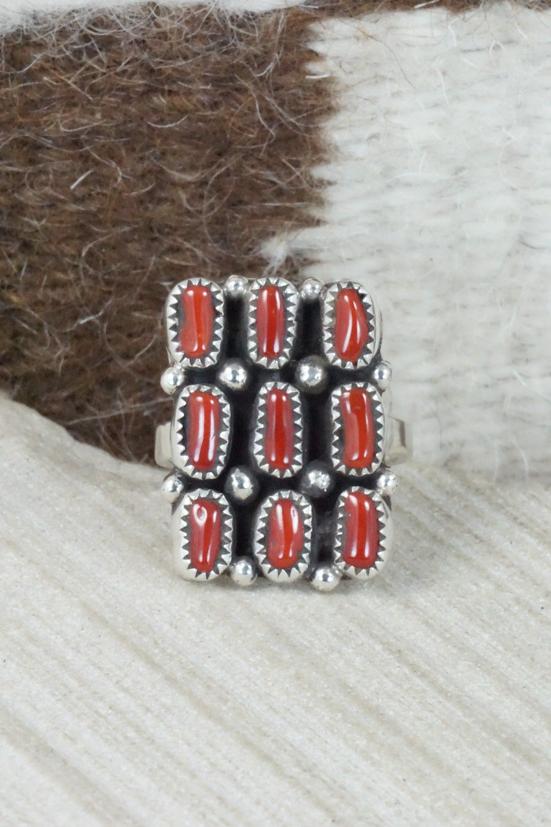 Coral & Sterling Silver Ring - Priscilla Reeder - Size 7.75