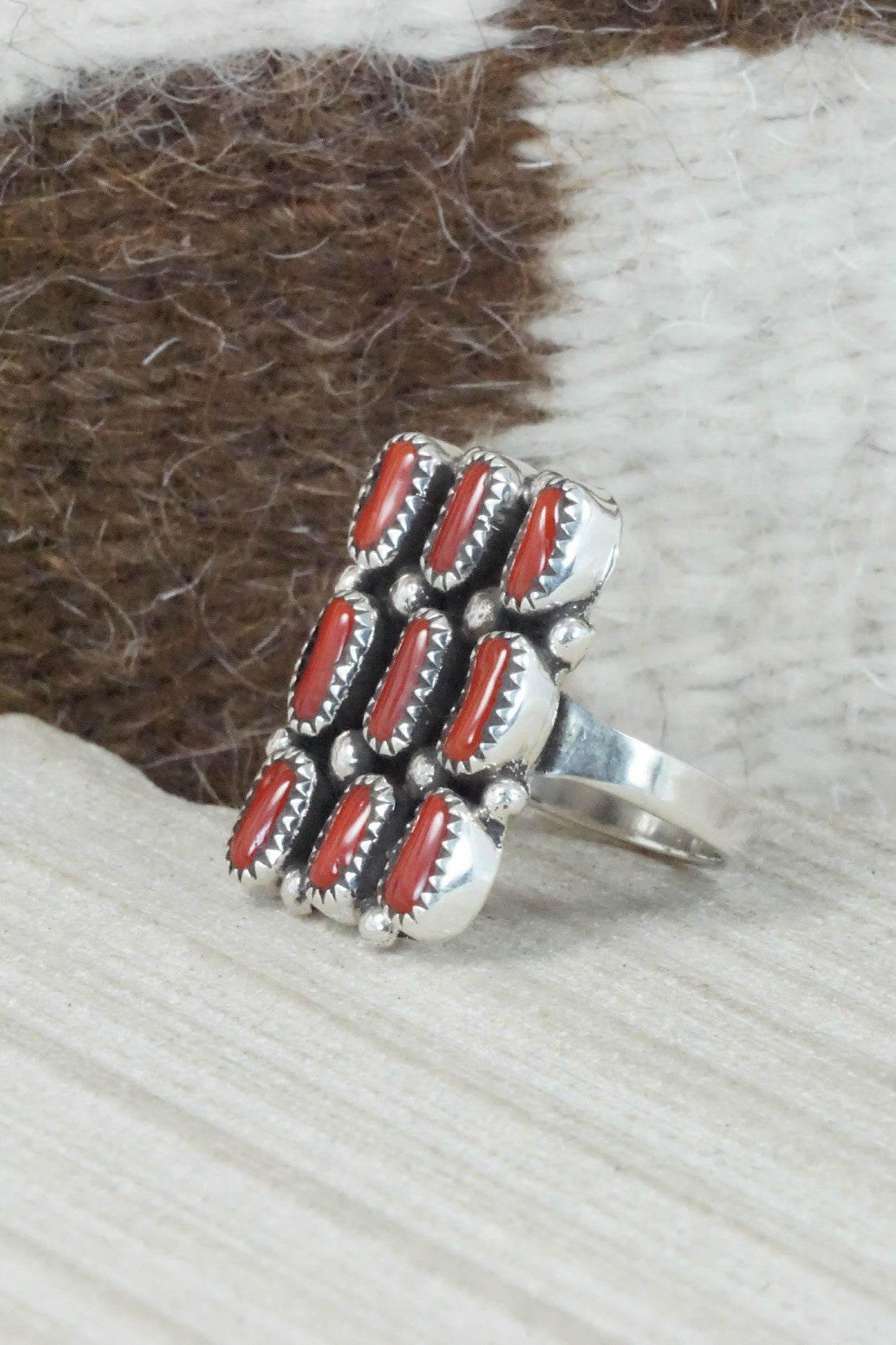 Coral & Sterling Silver Ring - Priscilla Reeder - Size 7.75