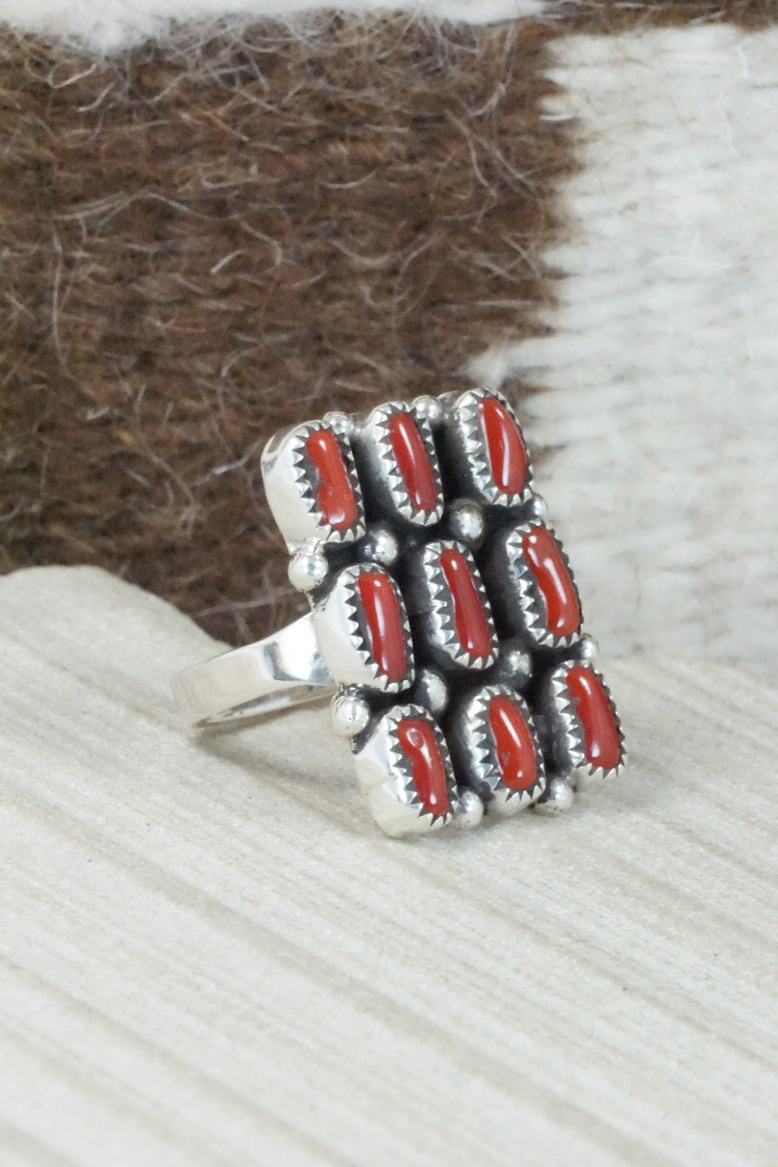 Coral & Sterling Silver Ring - Priscilla Reeder - Size 7.75