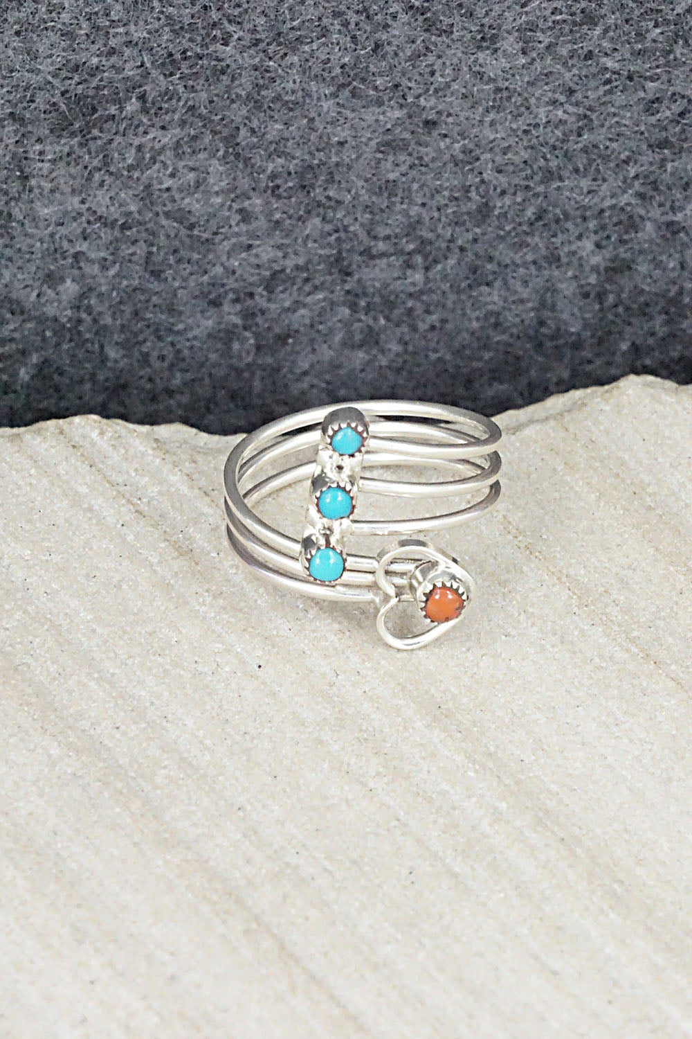 Turquoise, Coral & Sterling Silver Ring - Hazel Pablito - Size 7.5