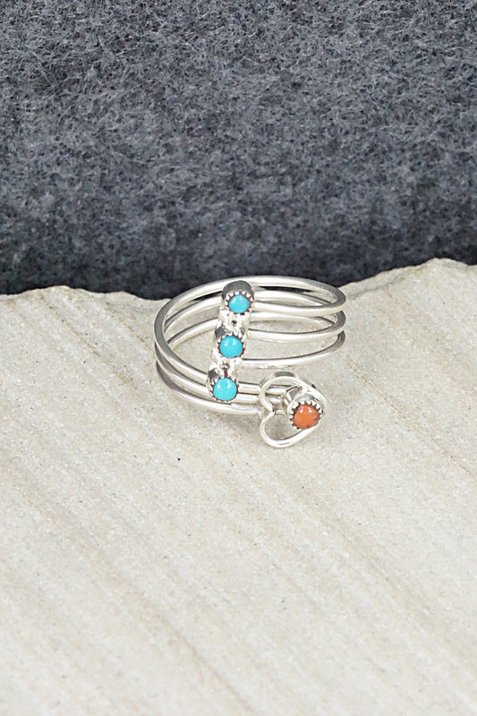 Turquoise, Coral & Sterling Silver Ring - Hazel Pablito - Size 7.5