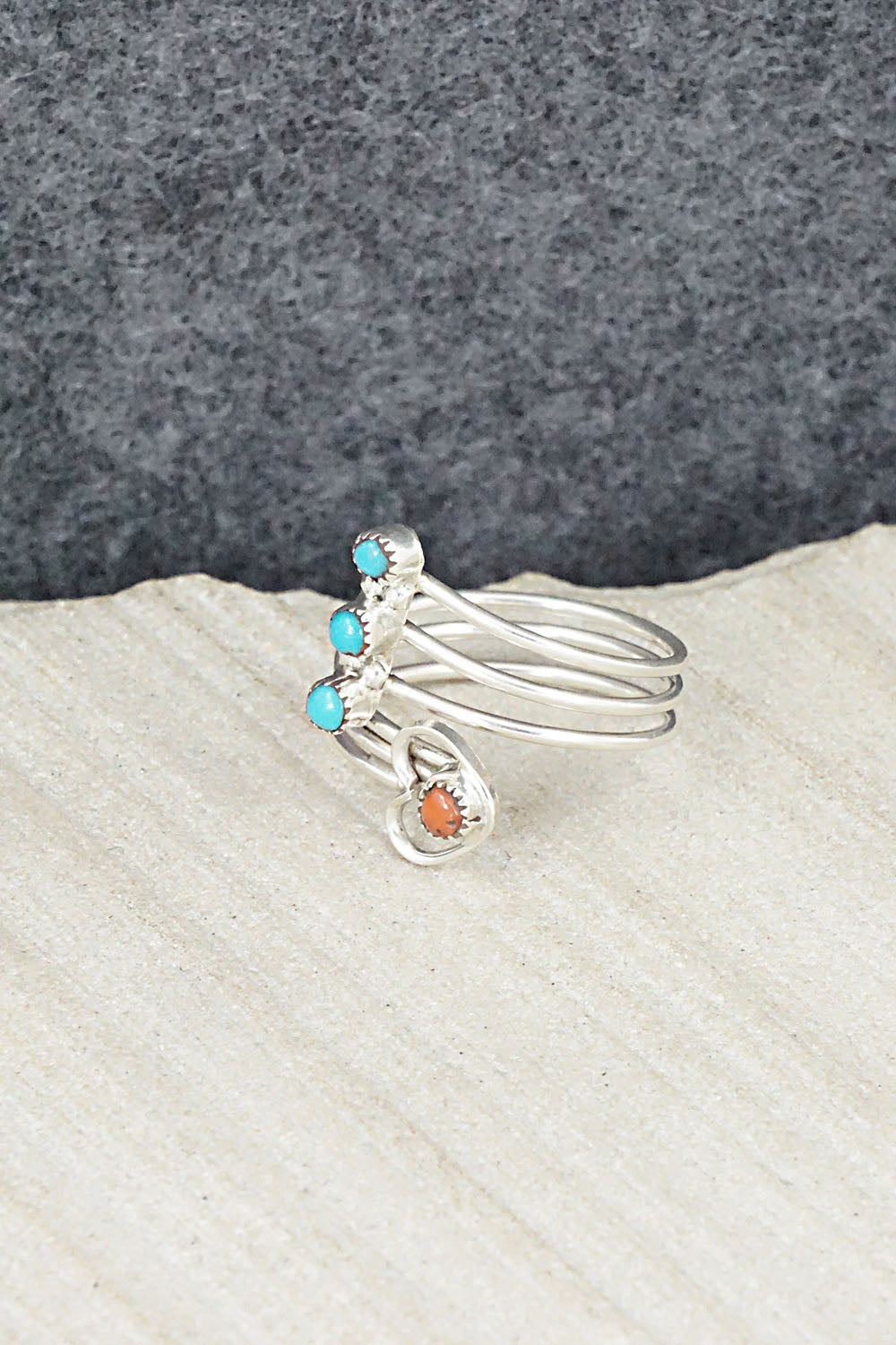 Turquoise, Coral & Sterling Silver Ring - Hazel Pablito - Size 7.5