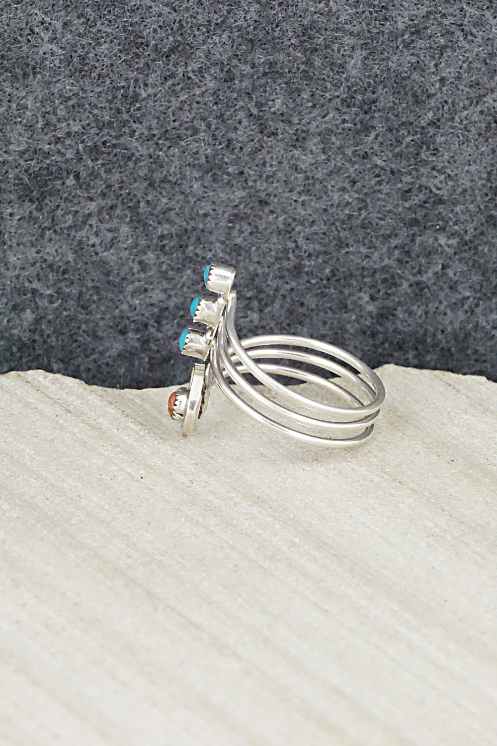 Turquoise, Coral & Sterling Silver Ring - Hazel Pablito - Size 7.5