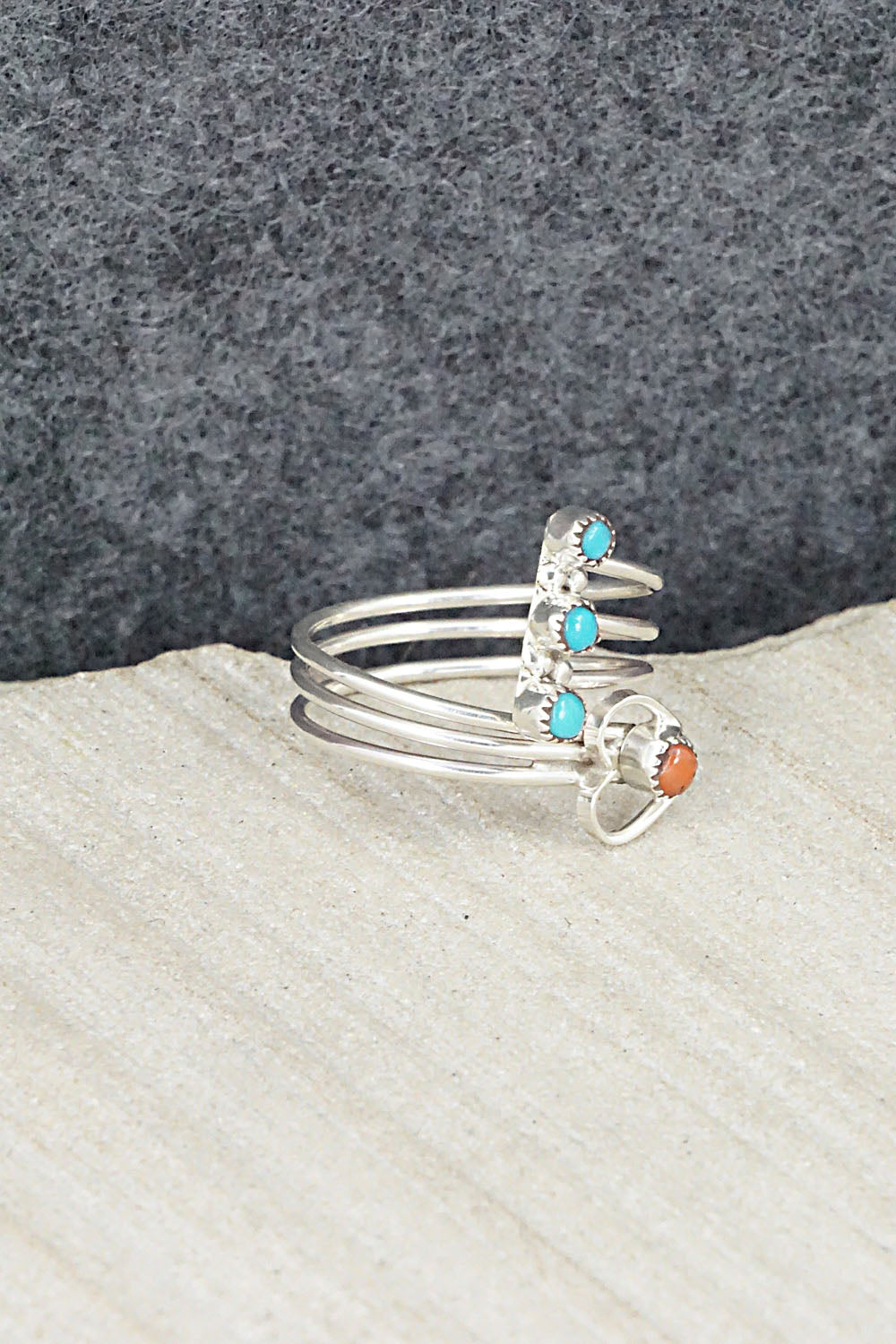 Turquoise, Coral & Sterling Silver Ring - Hazel Pablito - Size 7.5