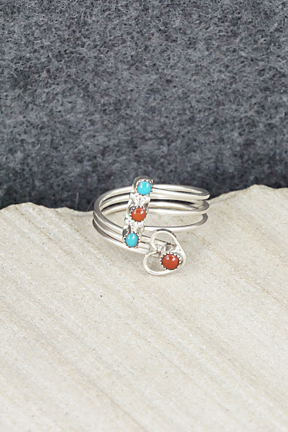Turquoise, Coral & Sterling Silver Ring - Hazel Pablito - Size 6.5