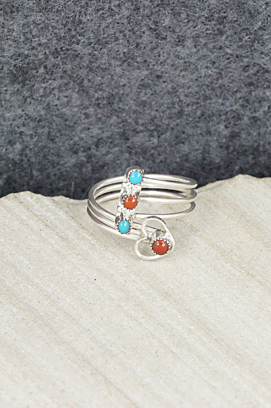 Turquoise, Coral & Sterling Silver Ring - Hazel Pablito - Size 6.5