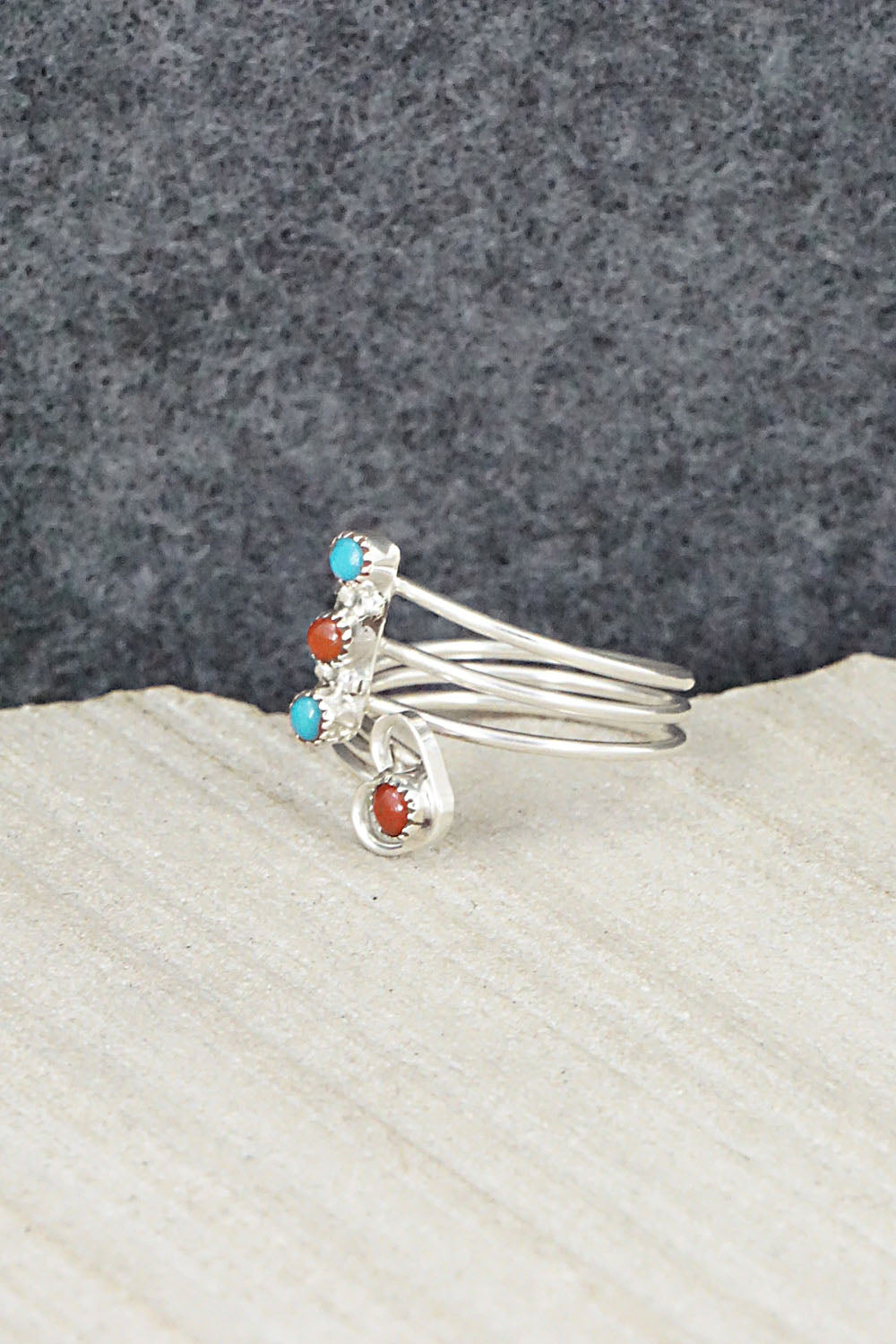 Turquoise, Coral & Sterling Silver Ring - Hazel Pablito - Size 6.5
