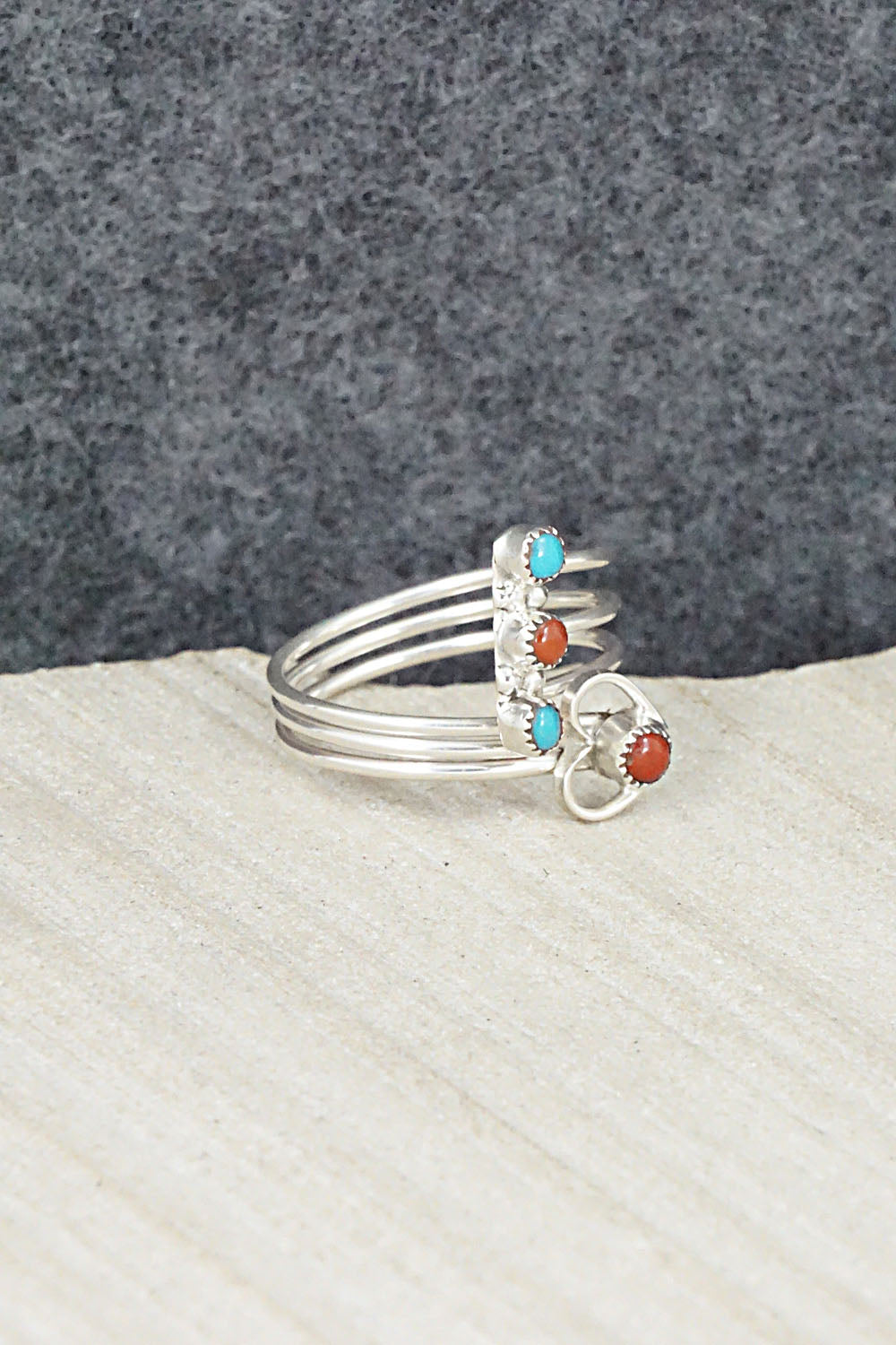 Turquoise, Coral & Sterling Silver Ring - Hazel Pablito - Size 6.5