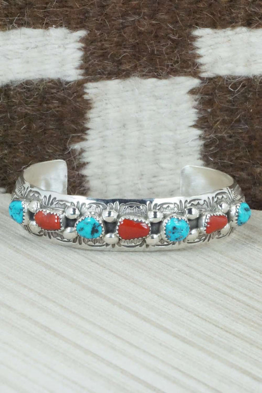 Turquoise, Coral & Sterling Silver Bracelet - Grace Silver