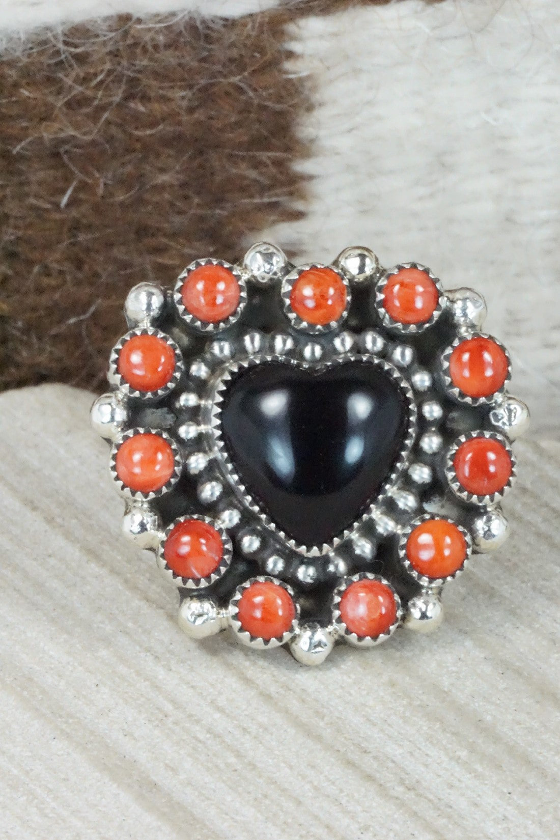 Onyx, Spiny Oyster & Sterling Silver Ring - Sandra Parkett - Size 8 (Adj.)