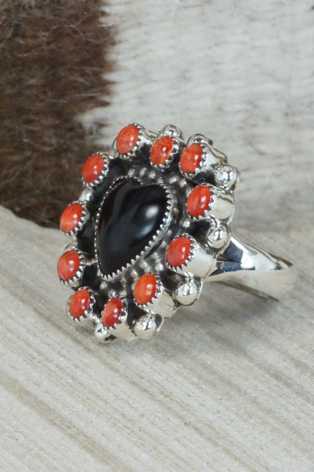 Onyx, Spiny Oyster & Sterling Silver Ring - Sandra Parkett - Size 8 (Adj.)
