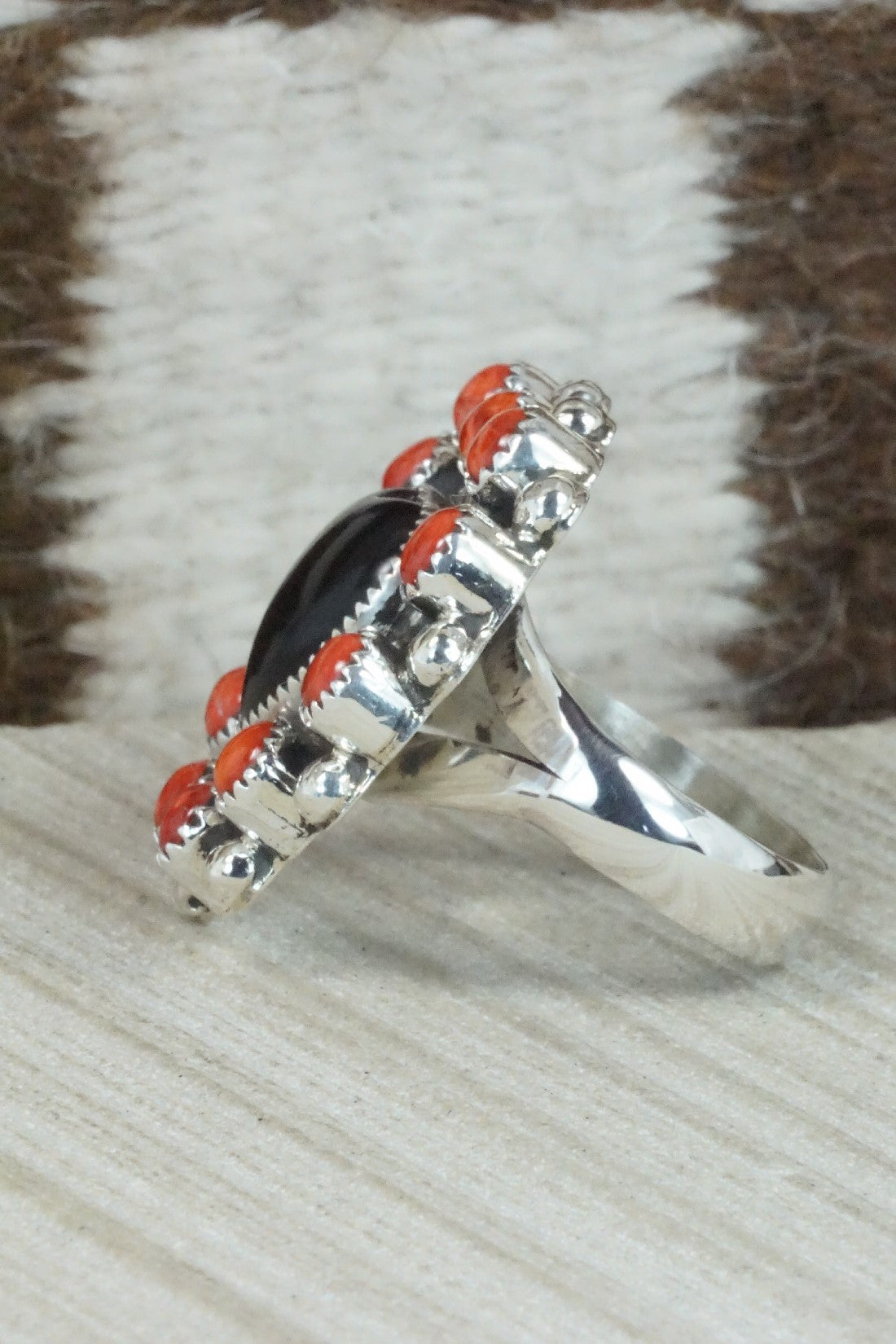 Onyx, Spiny Oyster & Sterling Silver Ring - Sandra Parkett - Size 8 (Adj.)