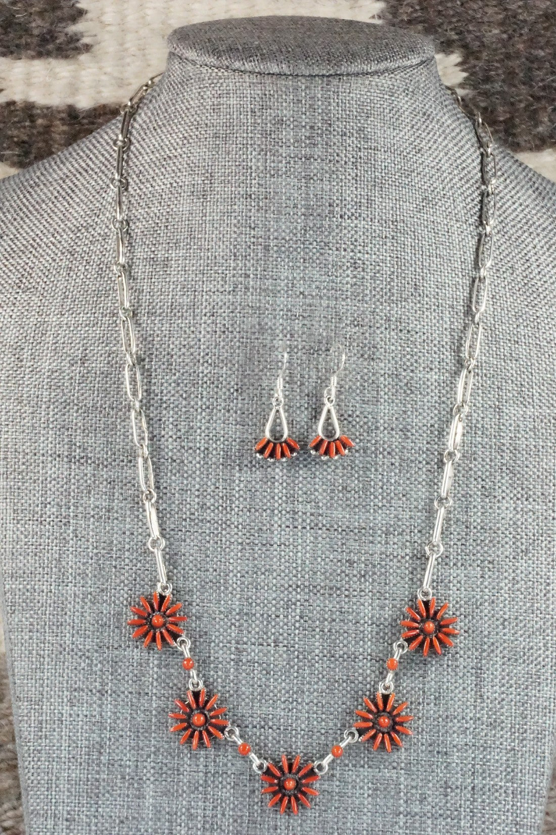 Coral & Sterling Silver Necklace and Earrings Set - Mildred Ukestine
