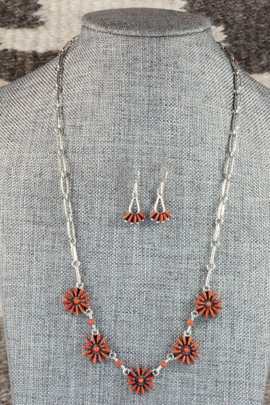Coral & Sterling Silver Necklace and Earrings Set - Mildred Ukestine
