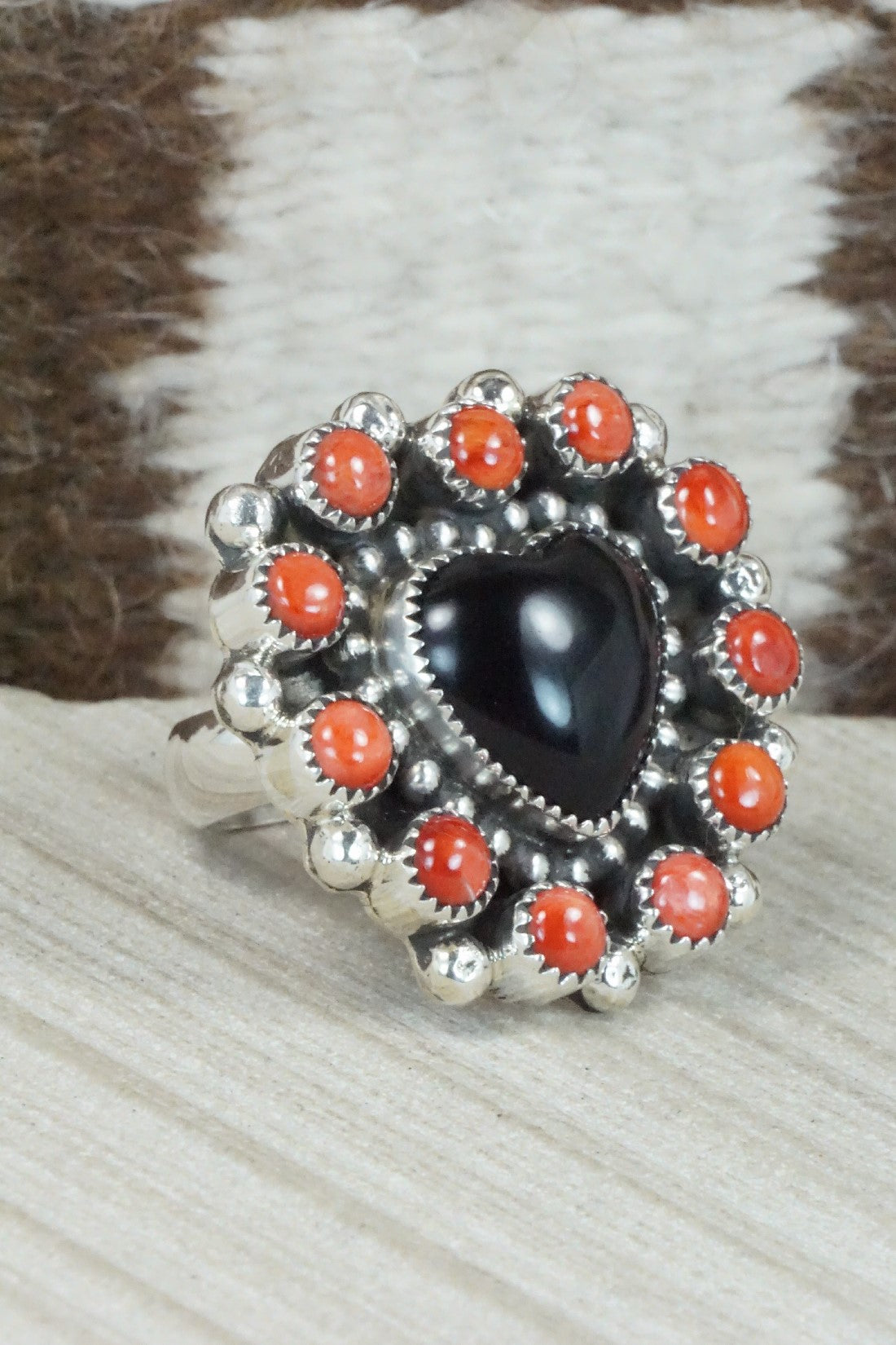 Onyx, Spiny Oyster & Sterling Silver Ring - Sandra Parkett - Size 8 (Adj.)