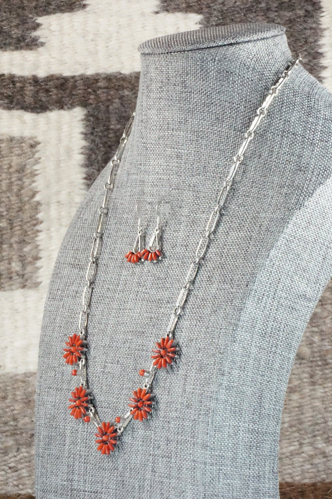 Coral & Sterling Silver Necklace and Earrings Set - Mildred Ukestine