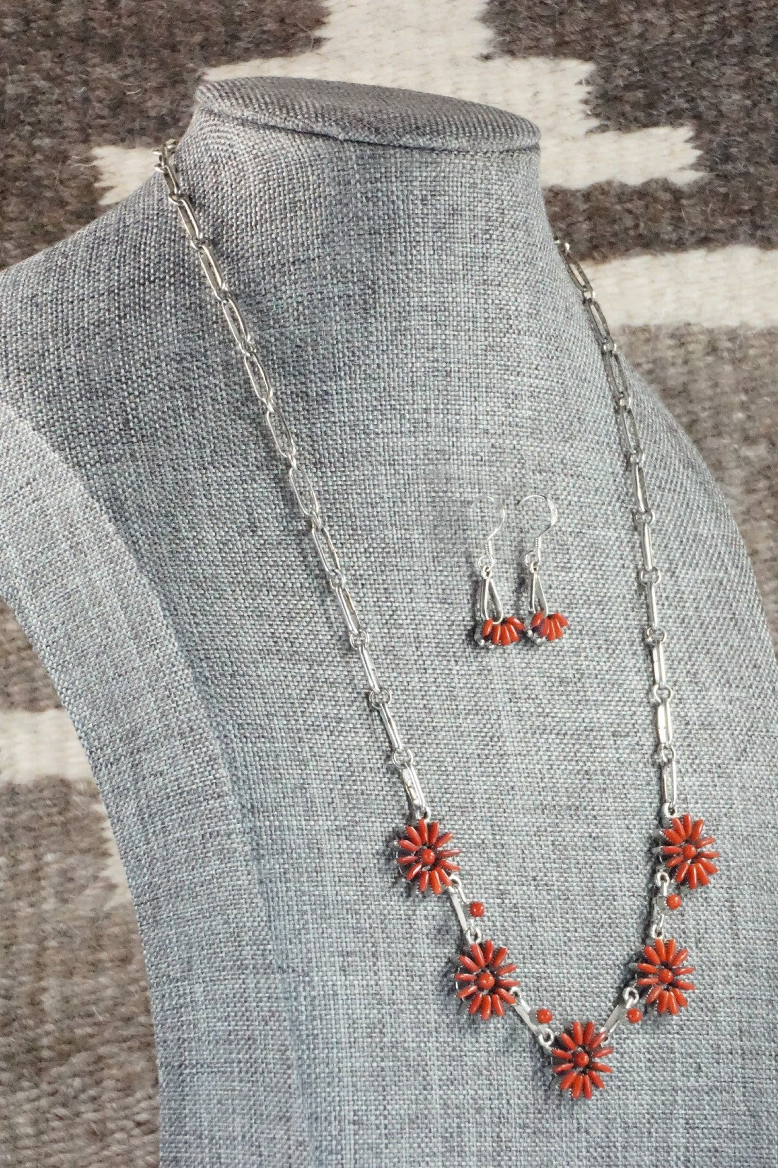 Coral & Sterling Silver Necklace and Earrings Set - Mildred Ukestine