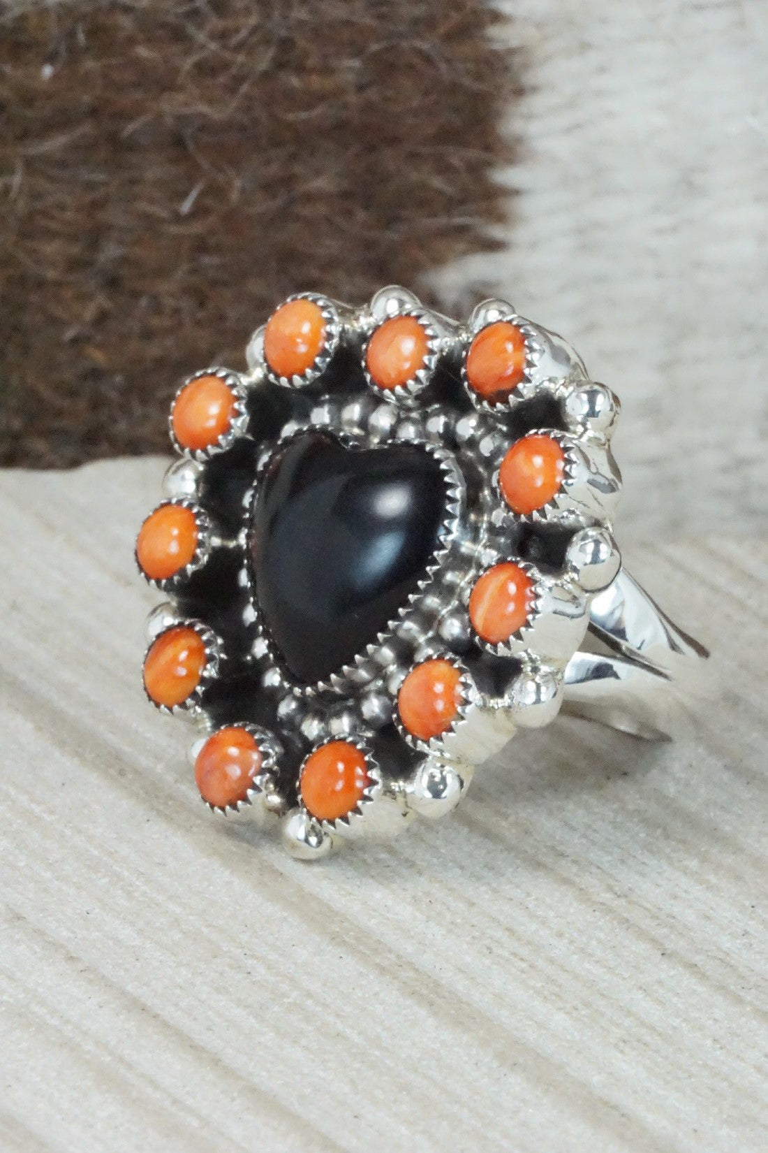 Onyx, Spiny Oyster & Sterling Silver Ring - Sandra Parkett - Size 8 (Adj.)