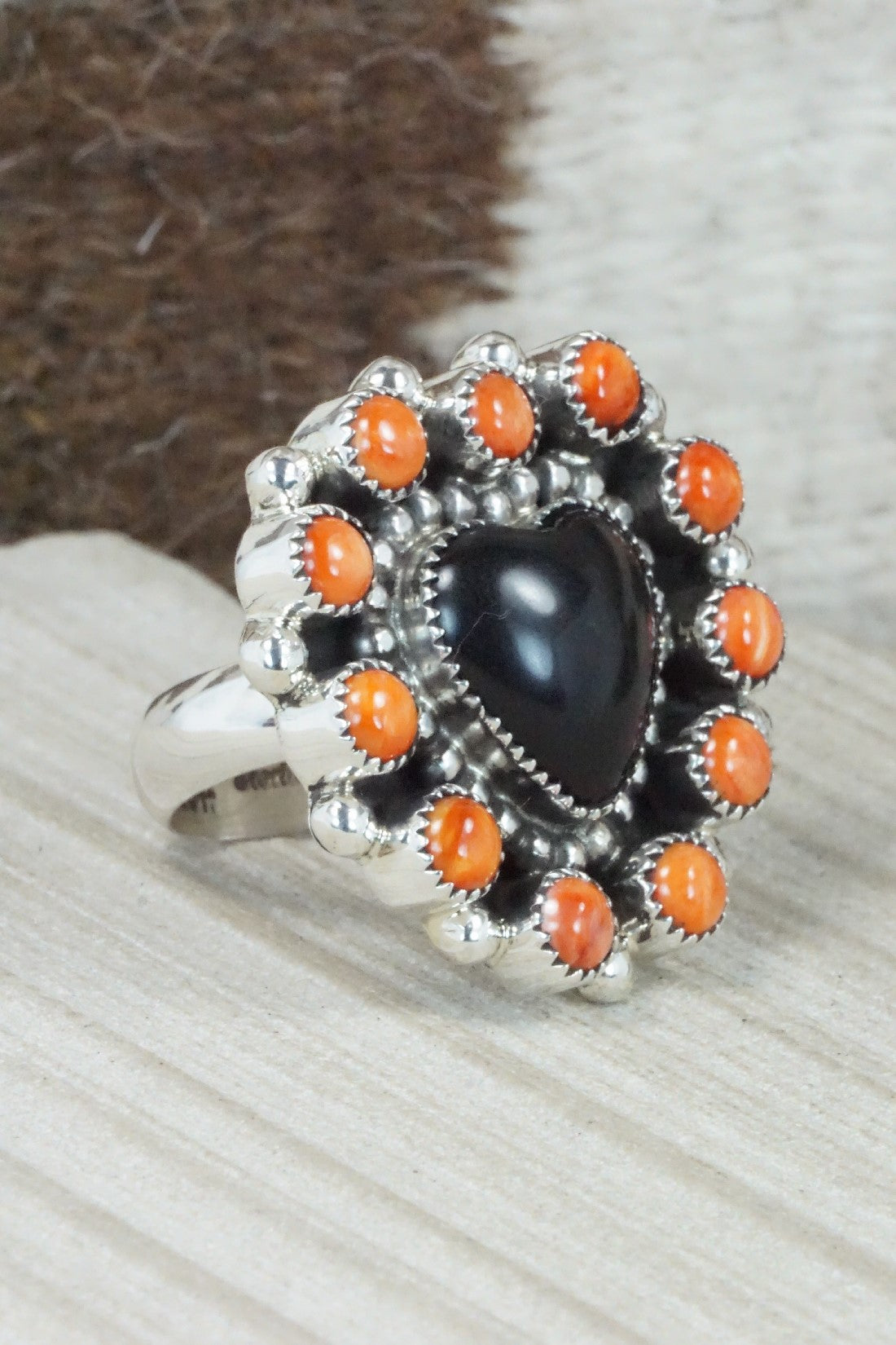 Onyx, Spiny Oyster & Sterling Silver Ring - Sandra Parkett - Size 8 (Adj.)