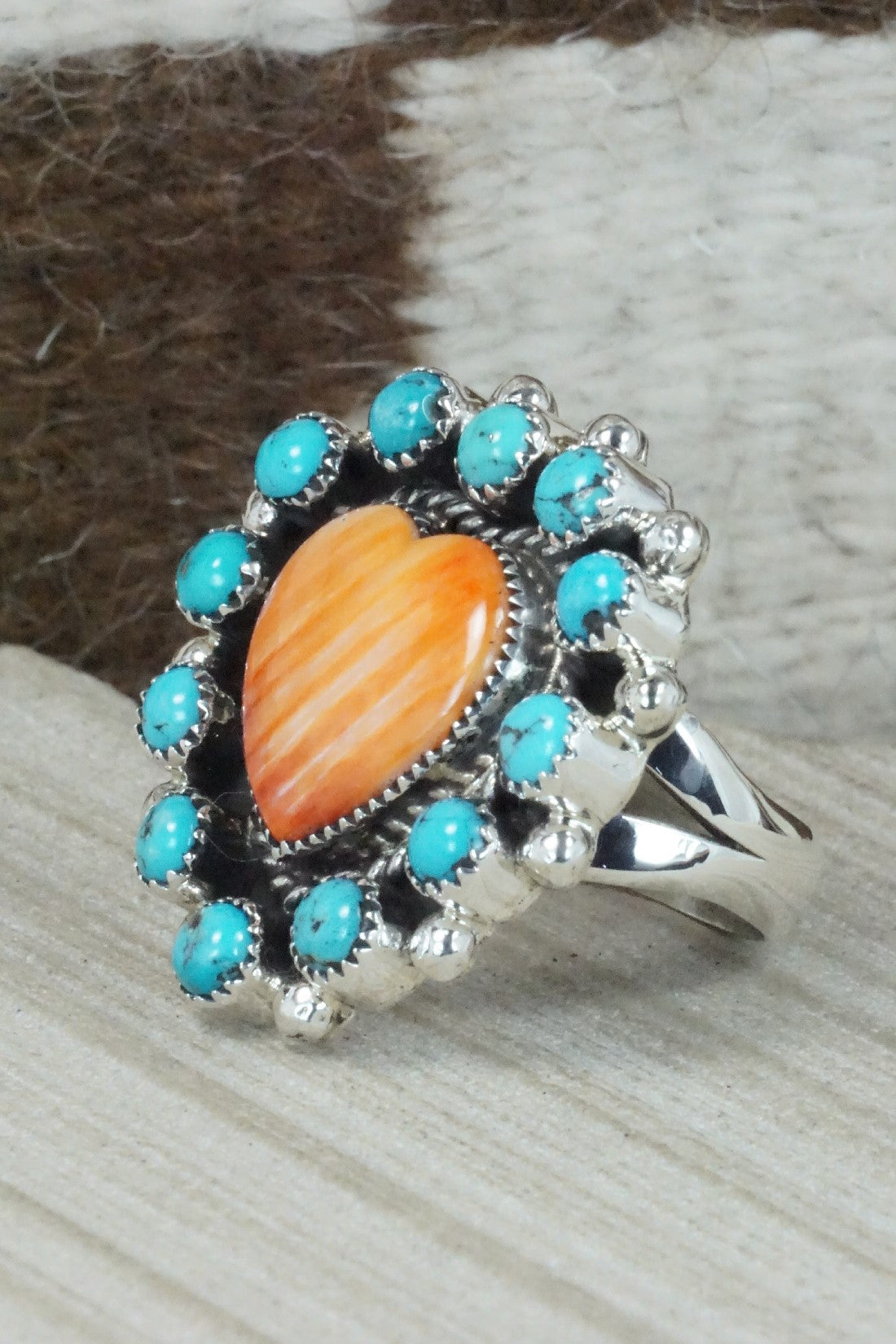 Spiny Oyster, Turquoise & Sterling Silver Ring - Sandra Parkett - Size 8.5 (Adj)