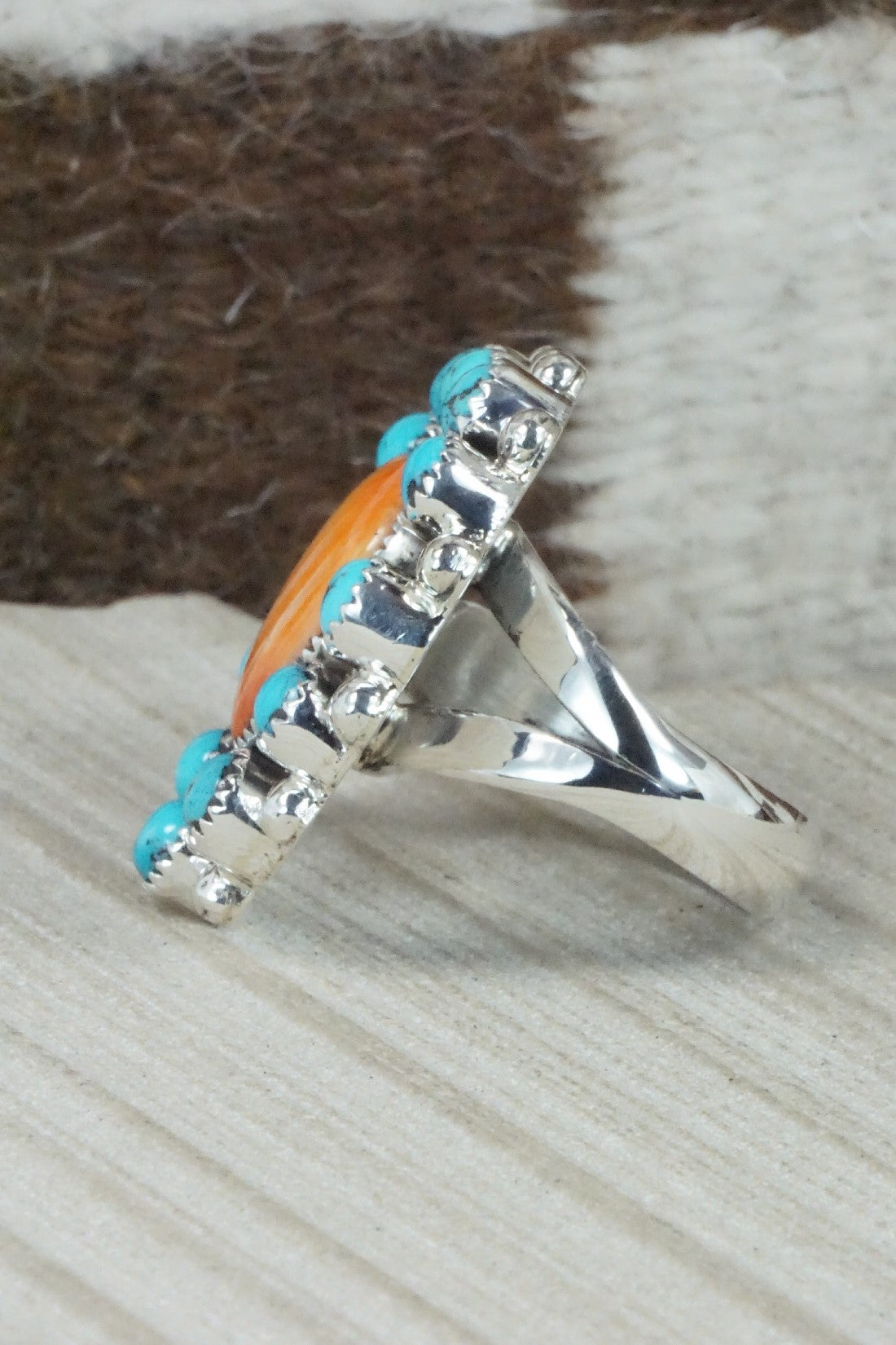 Spiny Oyster, Turquoise & Sterling Silver Ring - Sandra Parkett - Size 8.5 (Adj)