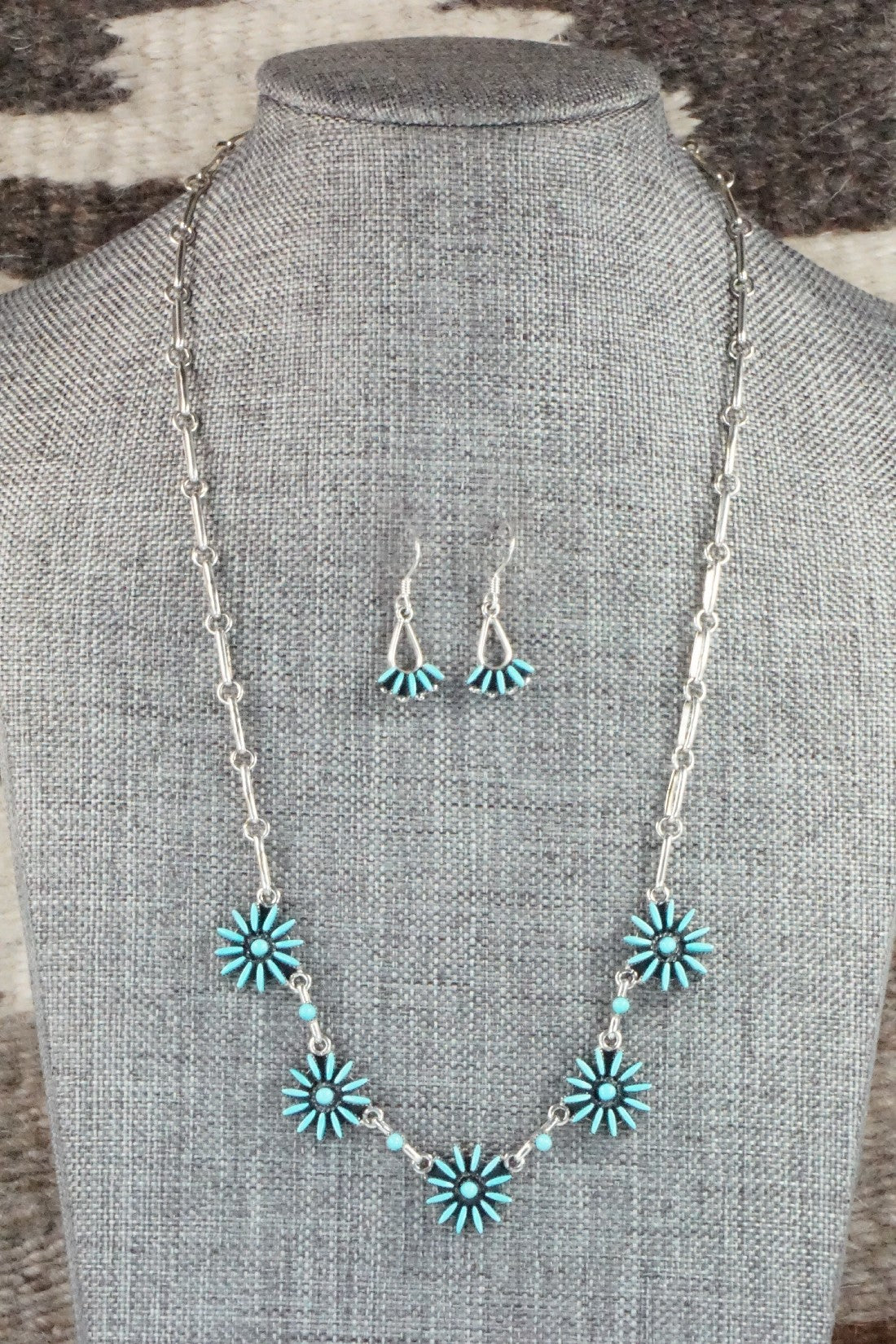 Turquoise & Sterling Silver Necklace and Earrings Set - Mildred Ukestine