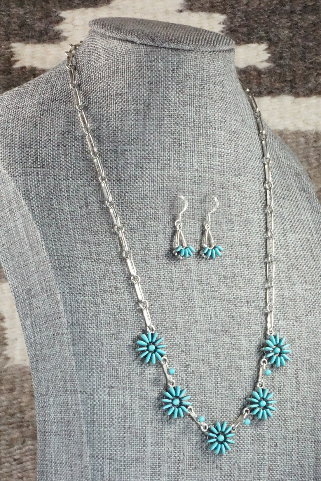 Turquoise & Sterling Silver Necklace and Earrings Set - Mildred Ukestine