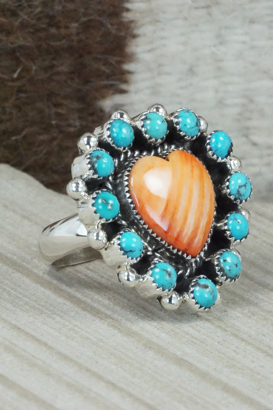 Spiny Oyster, Turquoise & Sterling Silver Ring - Sandra Parkett - Size 8.5 (Adj)