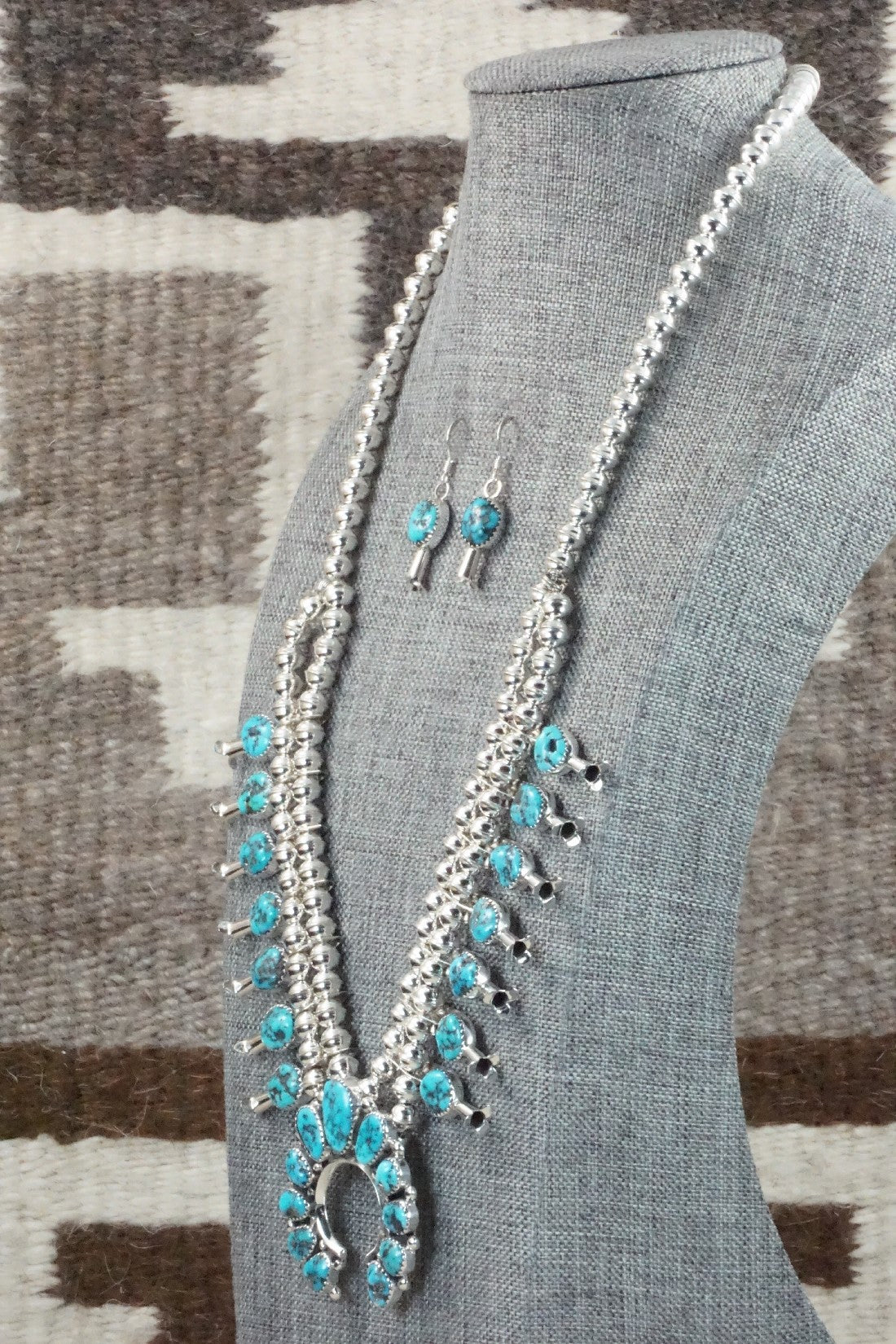 Turquoise & Sterling Silver Squash Blossom & Earrings - Califreda Roanhorse