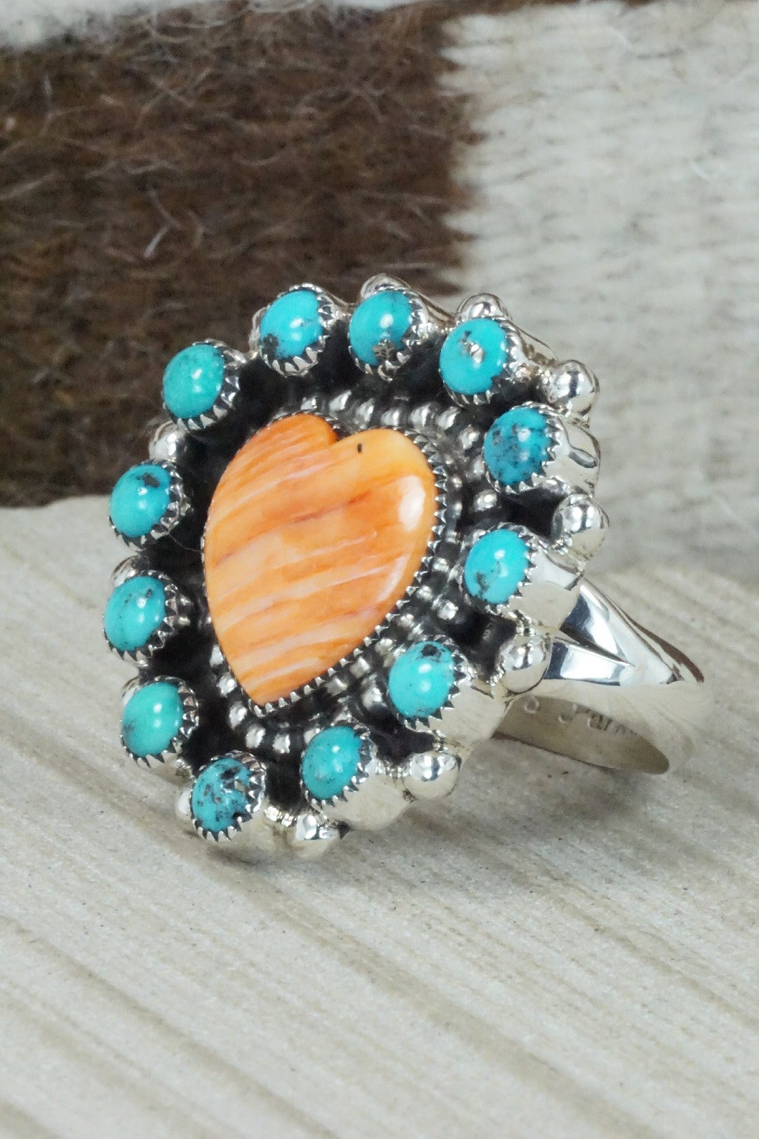 Spiny Oyster, Turquoise & Sterling Silver Ring - Sandra Parkett - Size 9.5 (Adj)