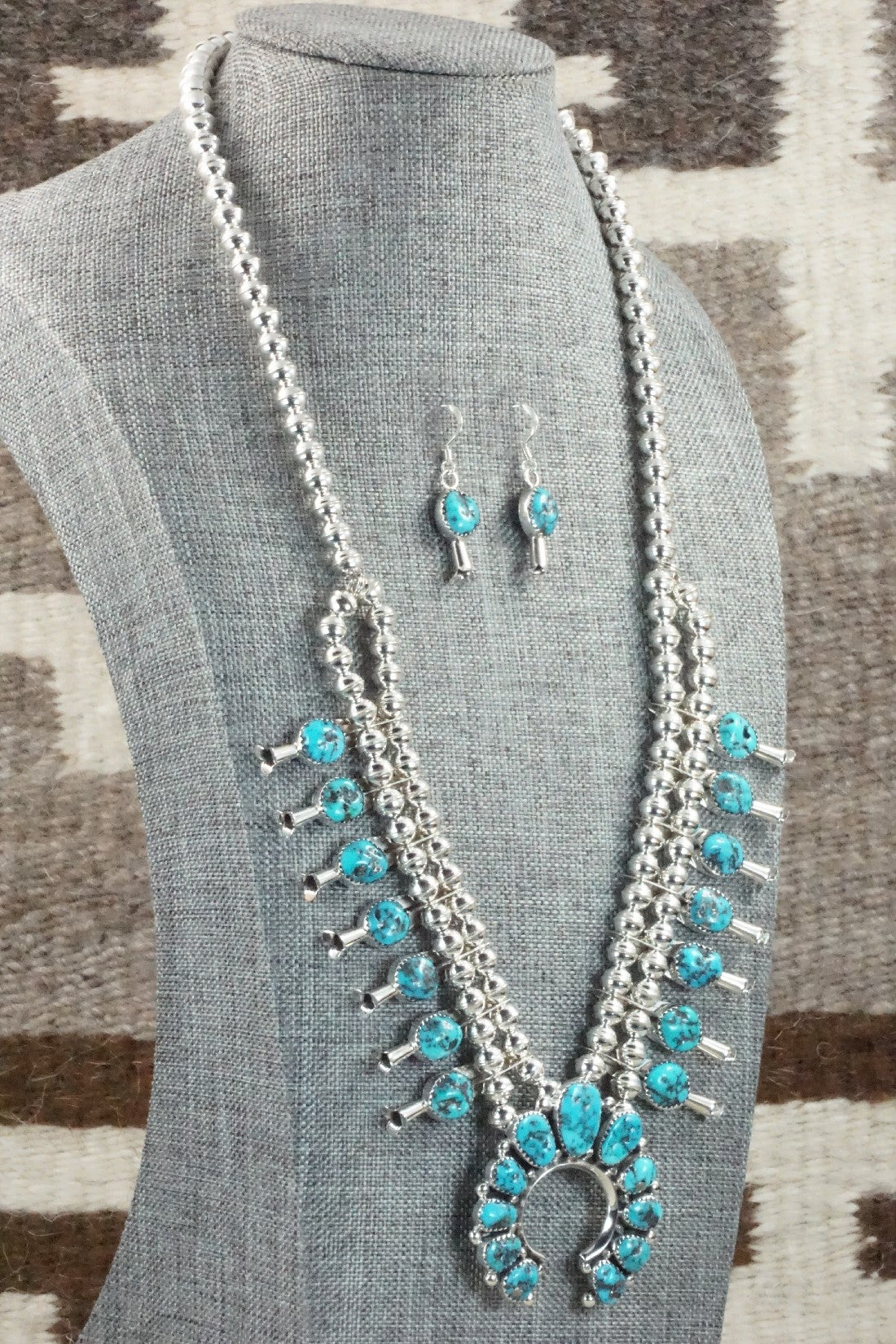 Turquoise & Sterling Silver Squash Blossom & Earrings - Califreda Roanhorse