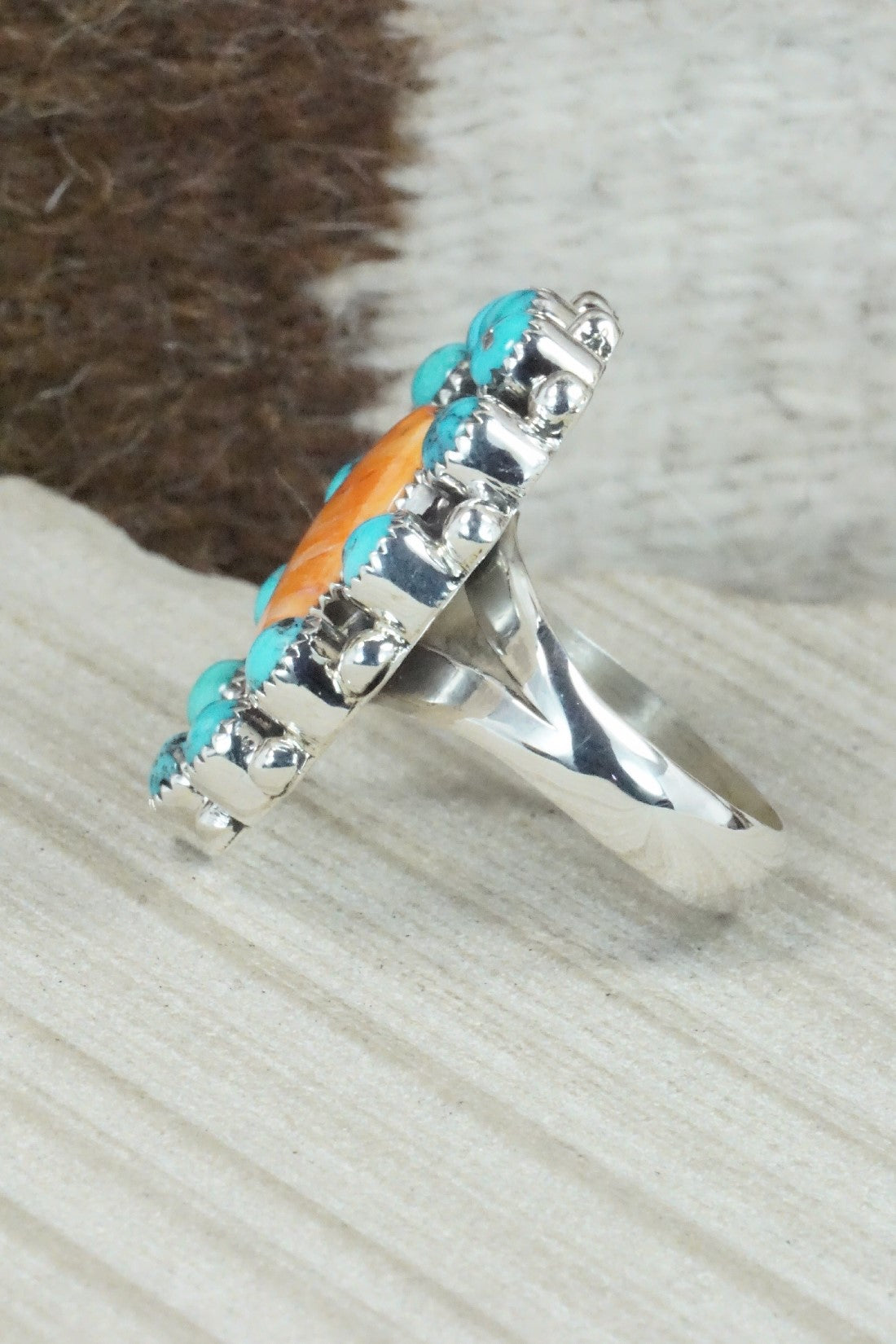 Spiny Oyster, Turquoise & Sterling Silver Ring - Sandra Parkett - Size 9.5 (Adj)