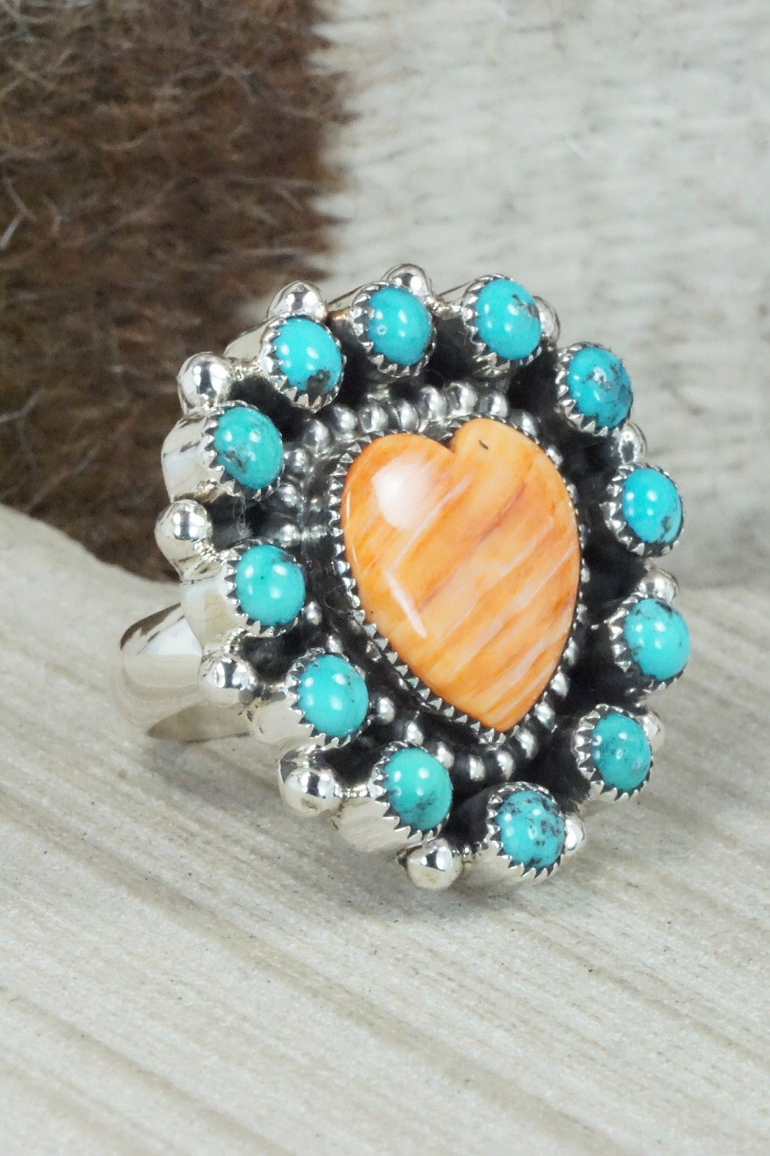 Spiny Oyster, Turquoise & Sterling Silver Ring - Sandra Parkett - Size 9.5 (Adj)