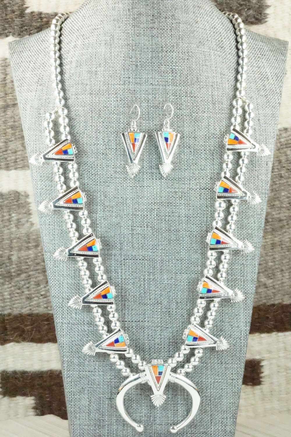 Multi Stone & Sterling Silver Squash Blossom Necklace and Earrings - Zuni
