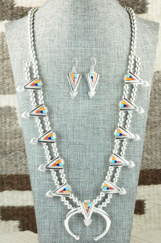 Multi Stone & Sterling Silver Squash Blossom Necklace and Earrings - Zuni