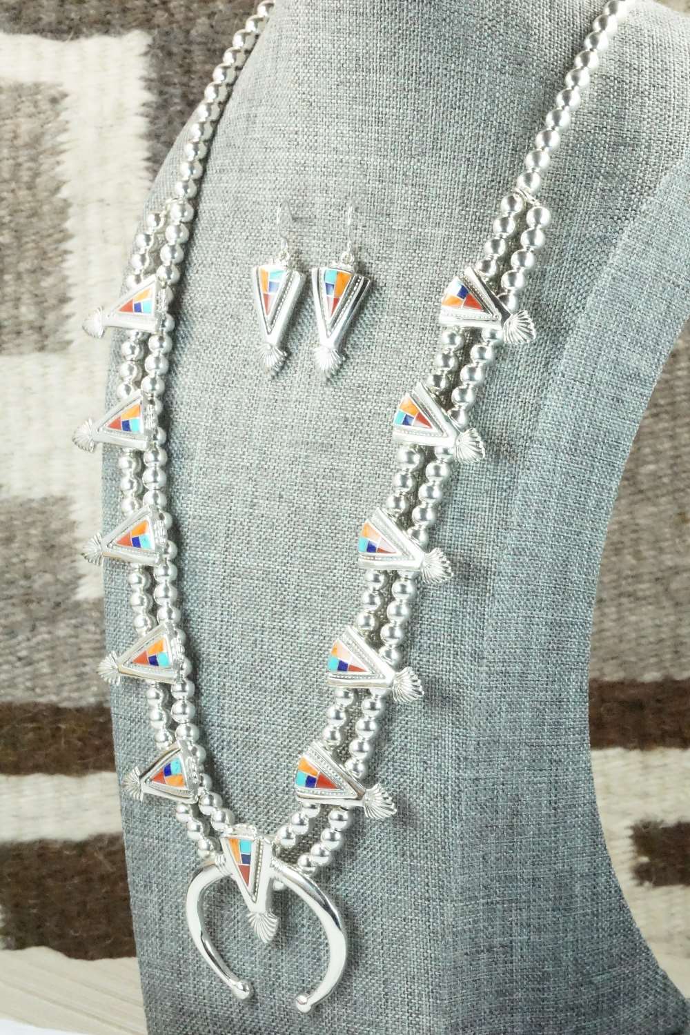 Multi Stone & Sterling Silver Squash Blossom Necklace and Earrings - Zuni