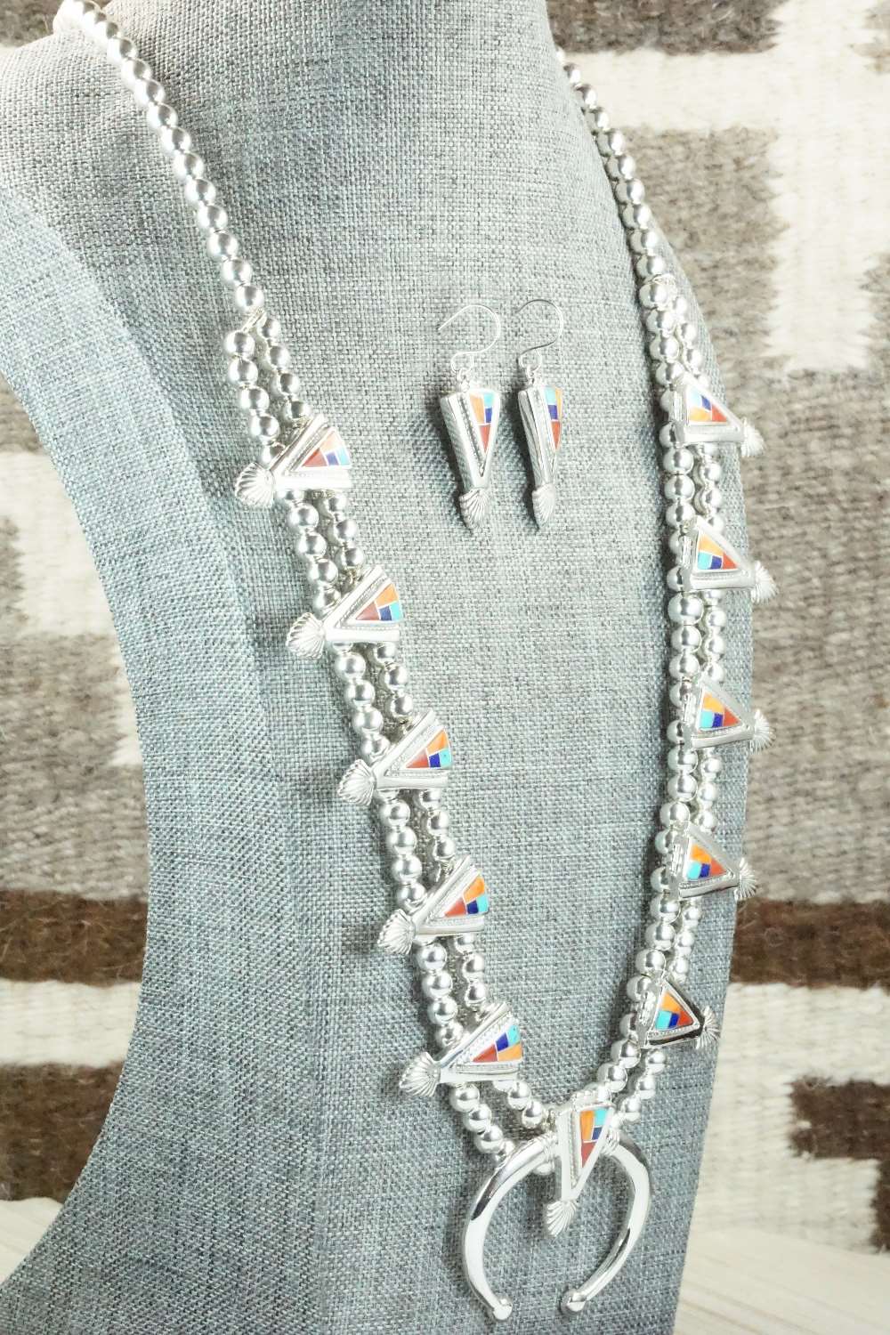 Multi Stone & Sterling Silver Squash Blossom Necklace and Earrings - Zuni