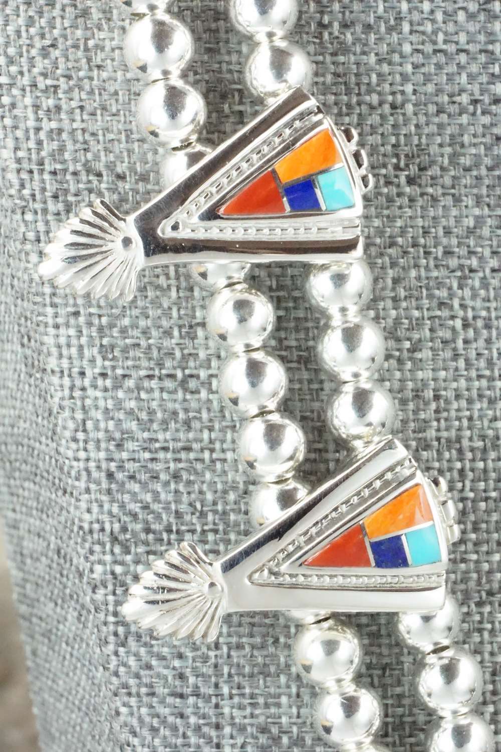 Multi Stone & Sterling Silver Squash Blossom Necklace and Earrings - Zuni