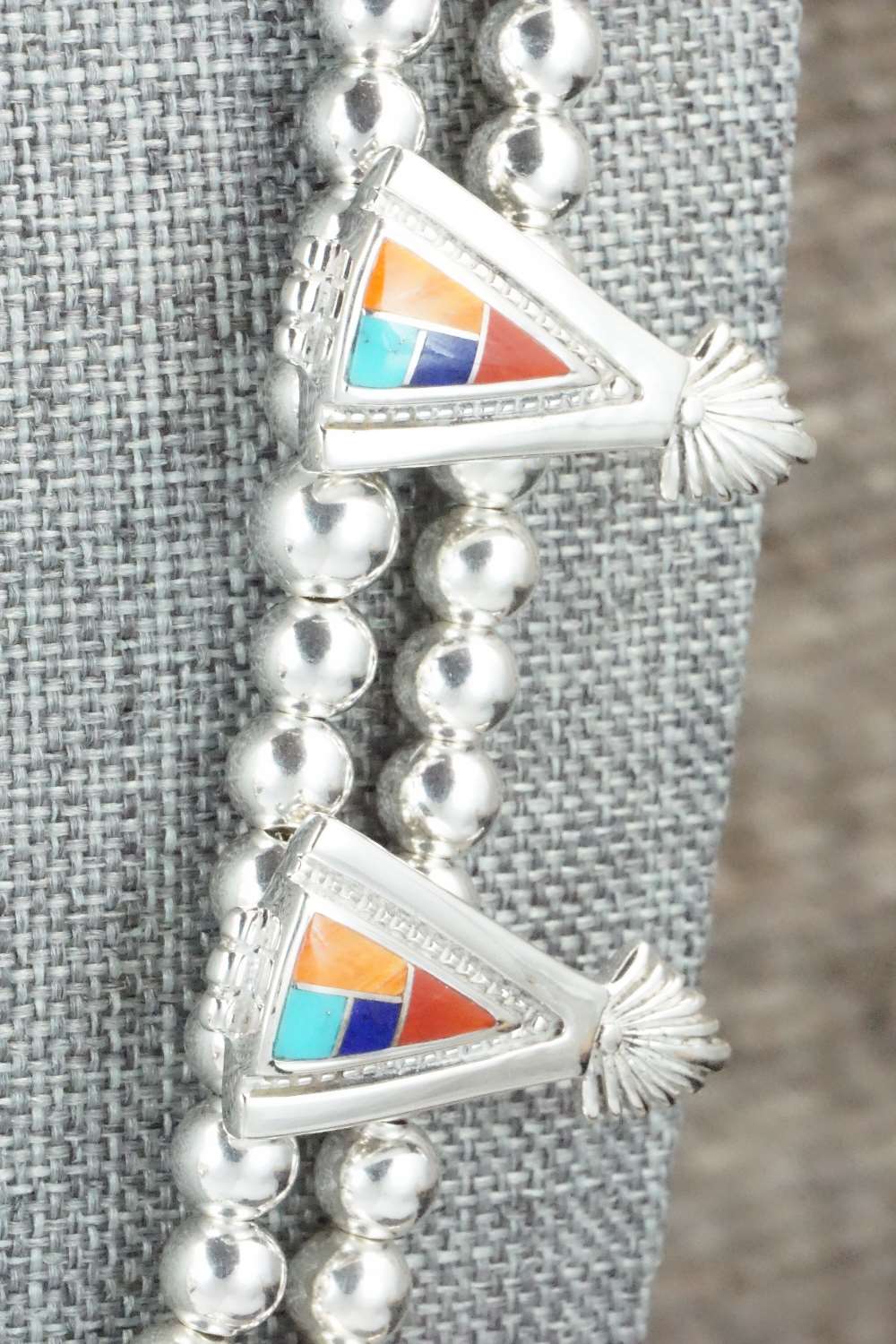 Multi Stone & Sterling Silver Squash Blossom Necklace and Earrings - Zuni