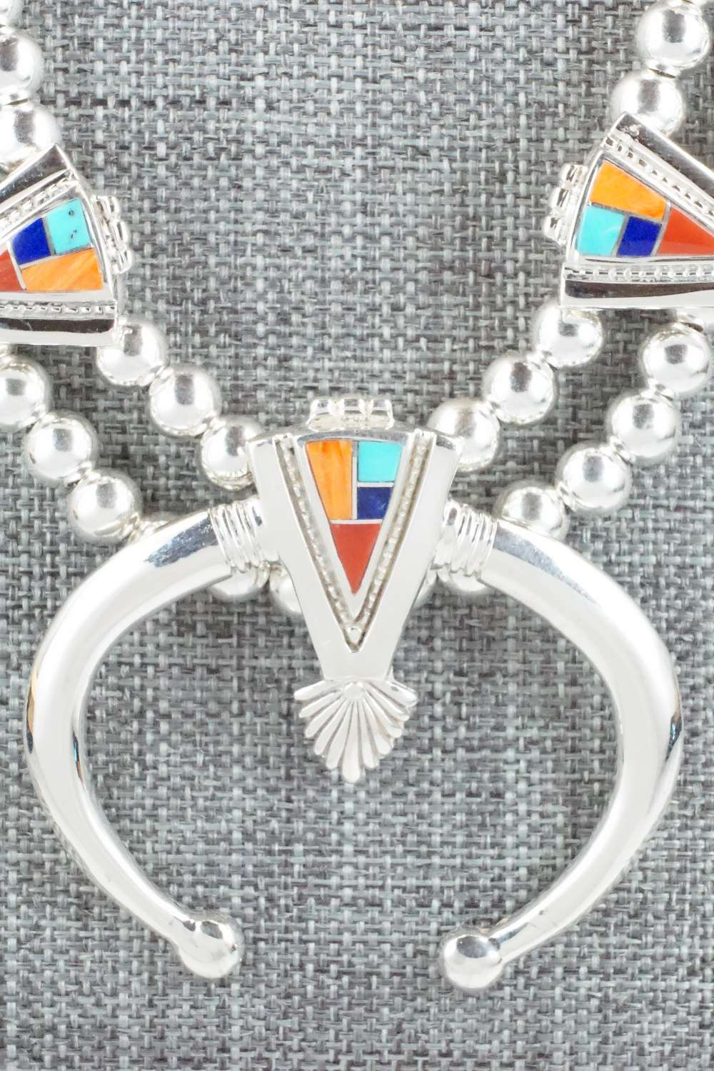 Multi Stone & Sterling Silver Squash Blossom Necklace and Earrings - Zuni