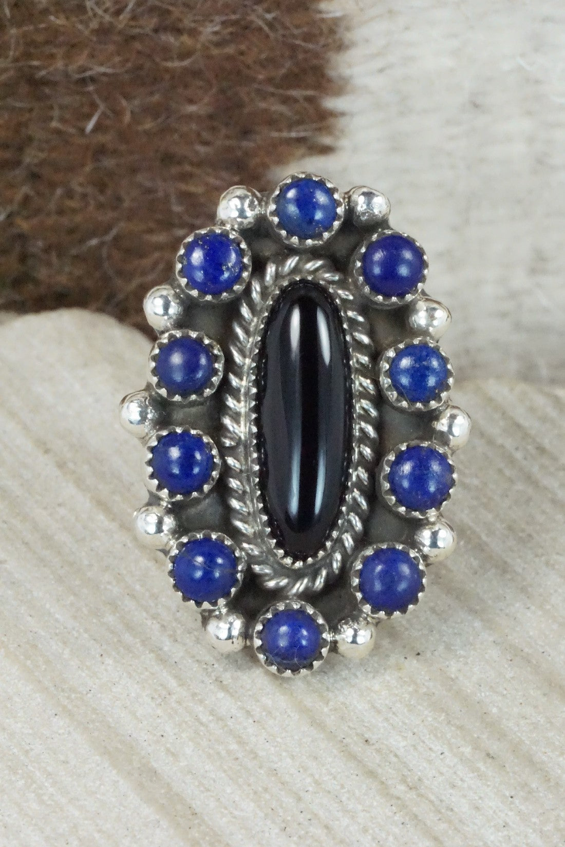Onyx, Lapis & Sterling Silver Ring - Sandra Parkett - Size 7.5 (Adj.)