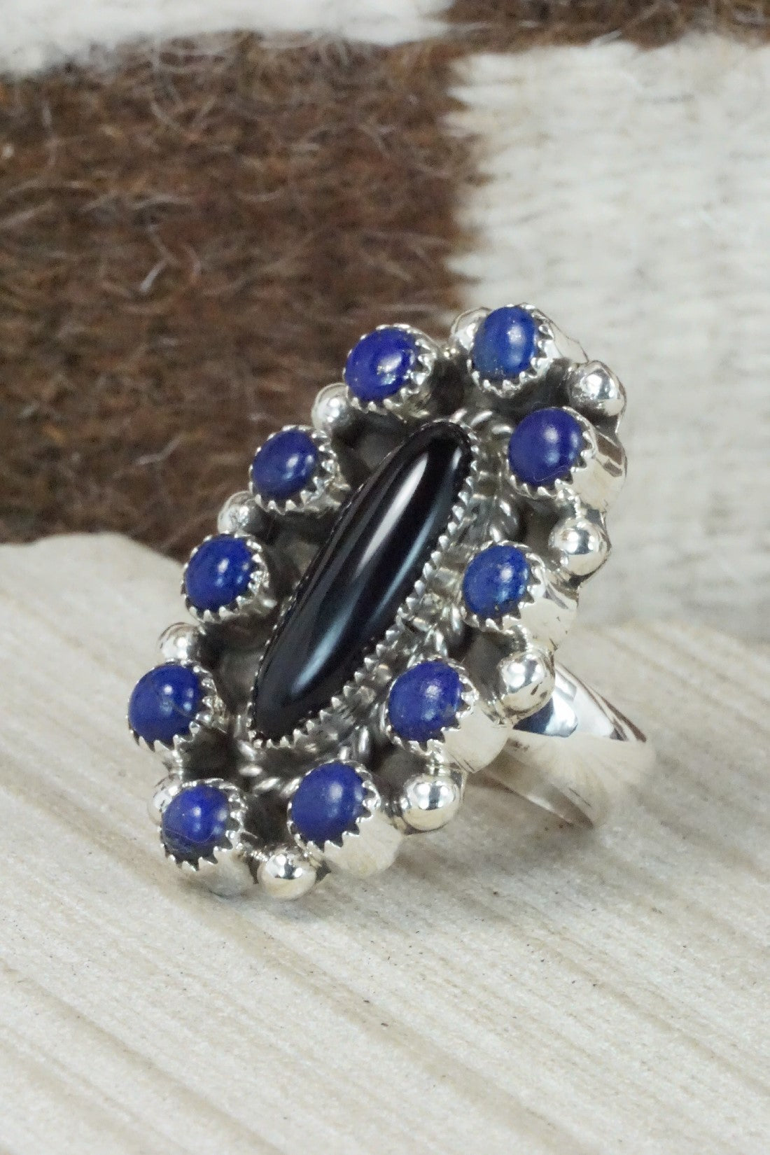 Onyx, Lapis & Sterling Silver Ring - Sandra Parkett - Size 7.5 (Adj.)