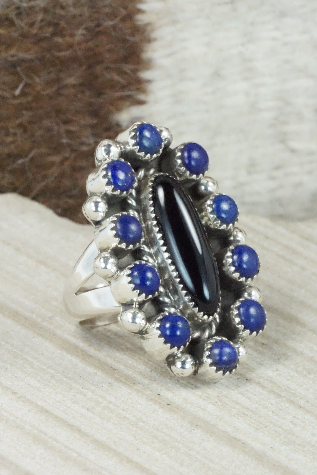 Onyx, Lapis & Sterling Silver Ring - Sandra Parkett - Size 7.5 (Adj.)