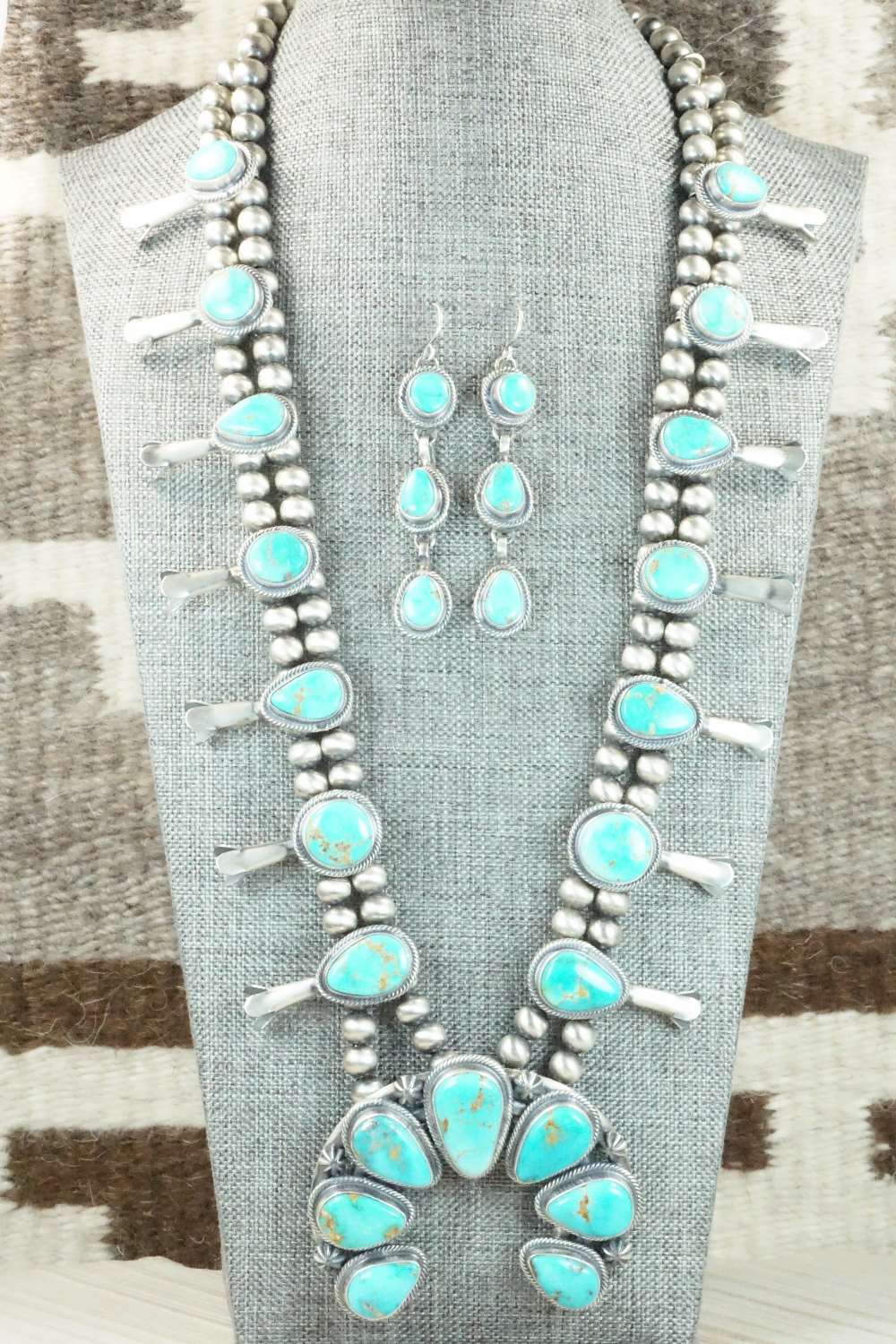 Turquoise & Sterling Silver Squash Blossom Necklace and Earrings - Thomas Francisco