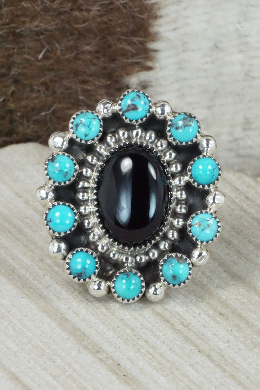 Turquoise, Onyx & Sterling Silver Ring - Sandra Parkett - Size 8 (Adj.)