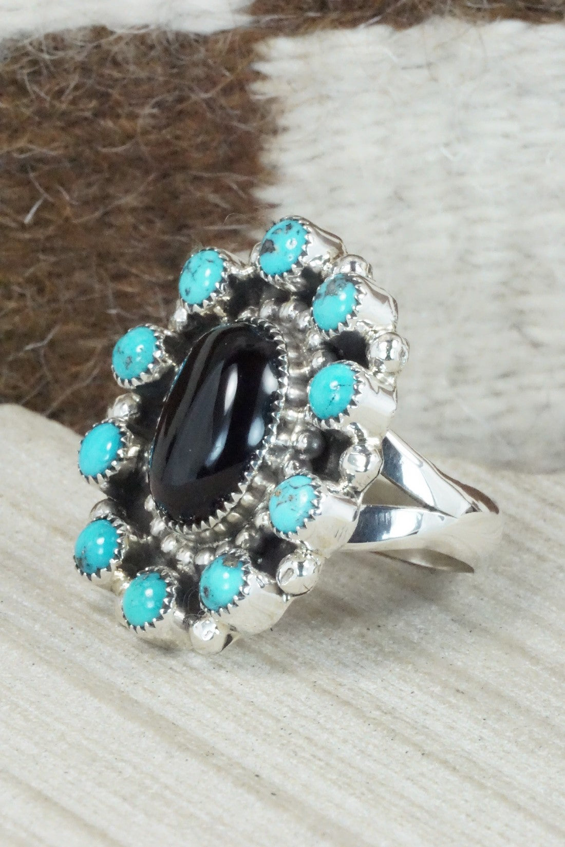 Turquoise, Onyx & Sterling Silver Ring - Sandra Parkett - Size 8 (Adj.)